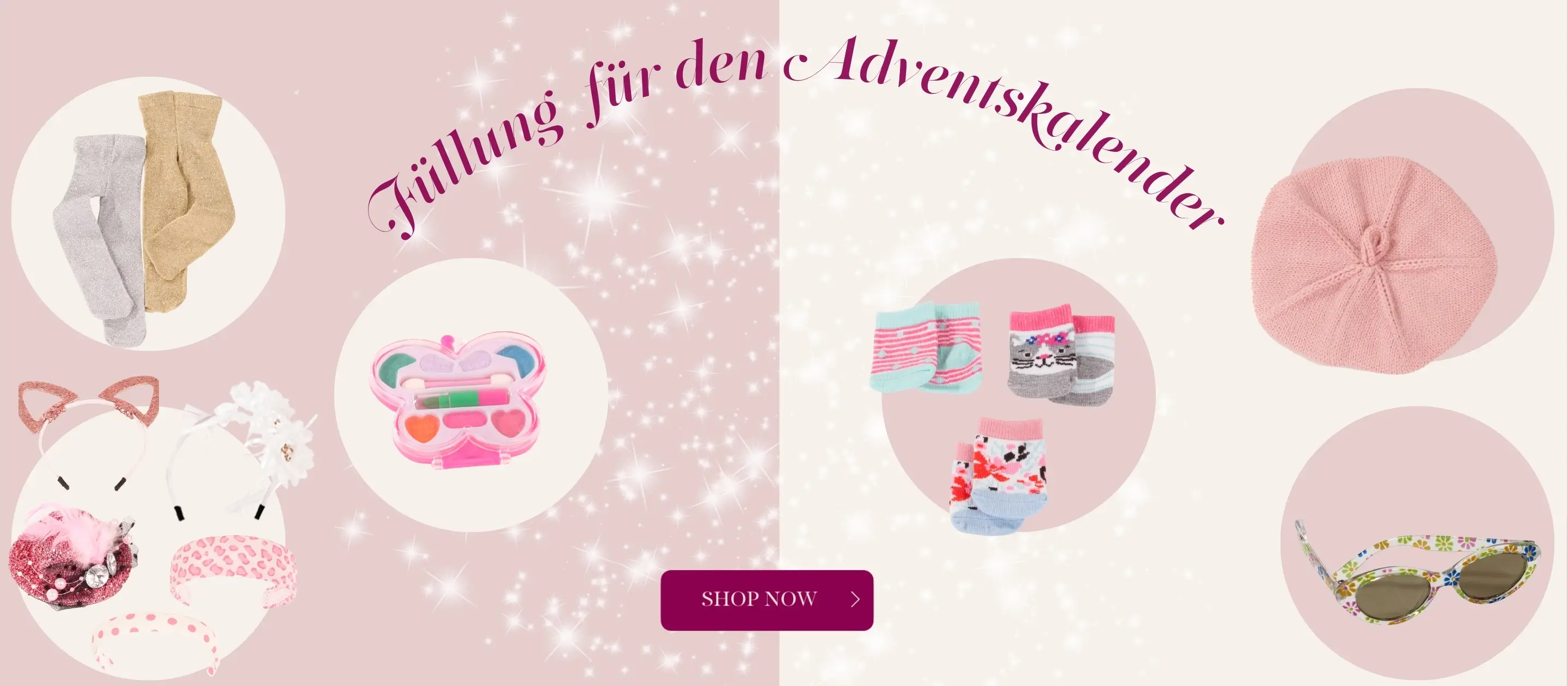 Kleine Geschenke fuer den Adventskalender. Strumpfhosenset, Haarschmuck, Brillen, Huete, Soeckchen und Stylingutensilien von Goetz