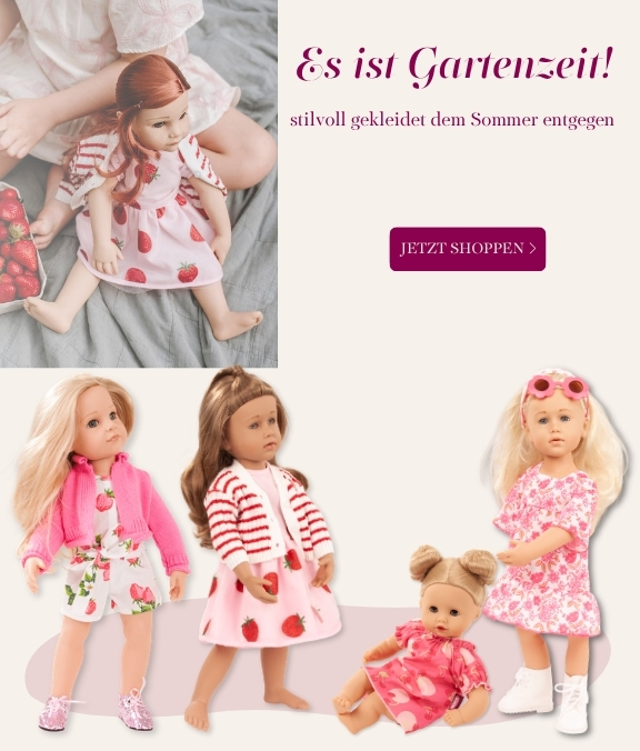 Bekleidungssets in Gr. 45-50 cm und 30-33 cm mit sommerlichem Erdbeer- und Kirschmotiven und Blumendesign von Goetz
