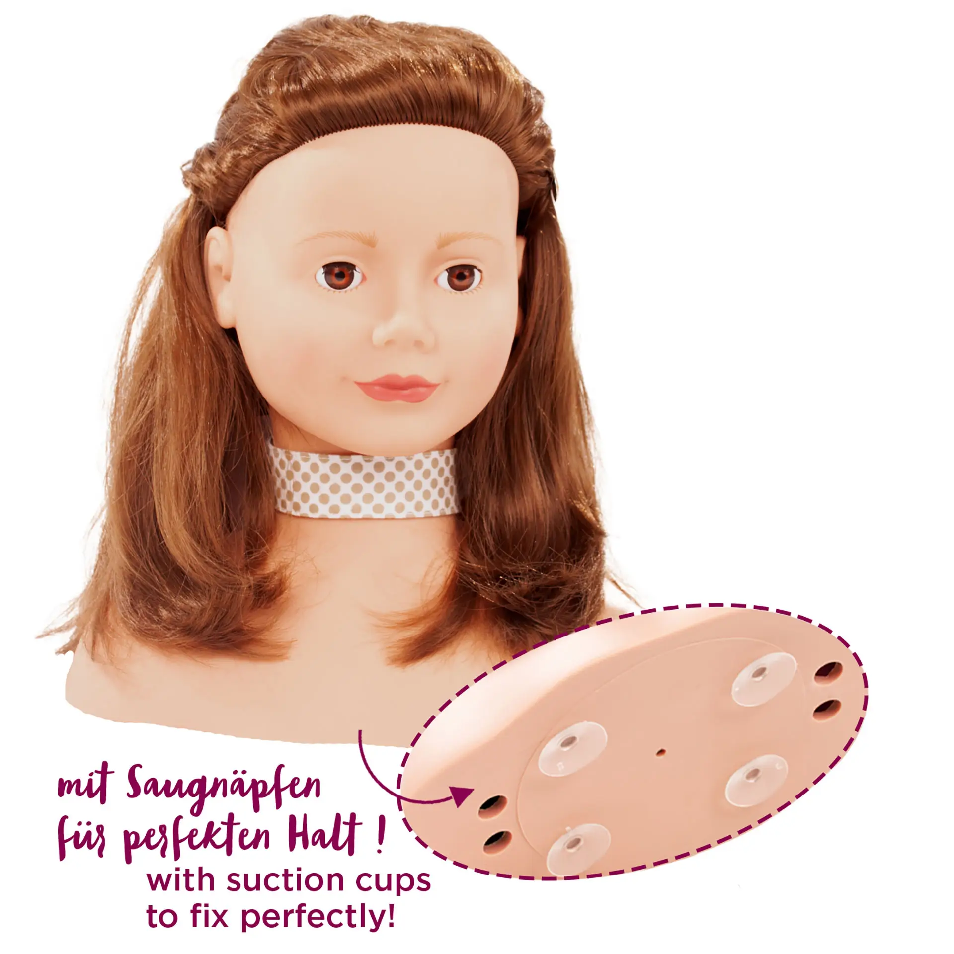 haarwerk-braun-frisierkopf-goetz-haarbuerste-zopfgummis-schminkset-tasche-haarklammern-haarstraehnen-haarclips-braunhaarig