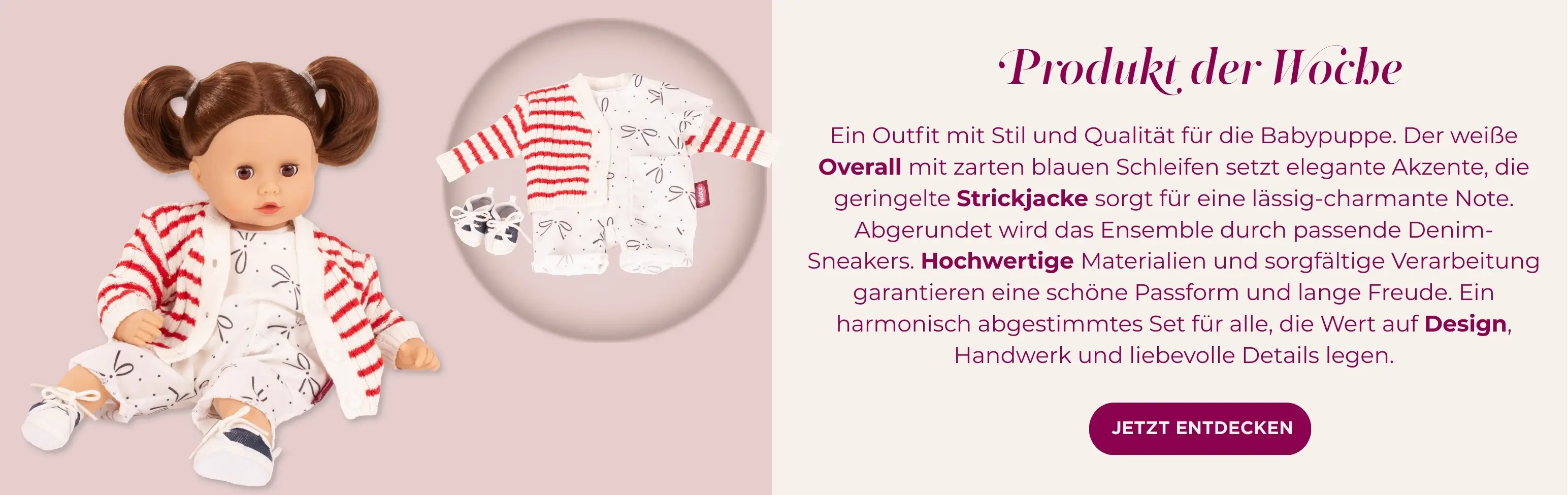 Babybekleidung in Gr. 30-33 cm bestehend aus einer geringelten Strickjacke, einem Anzug in weiss mit blauen Schleifen und blau-weissen Sneakers von Goetz