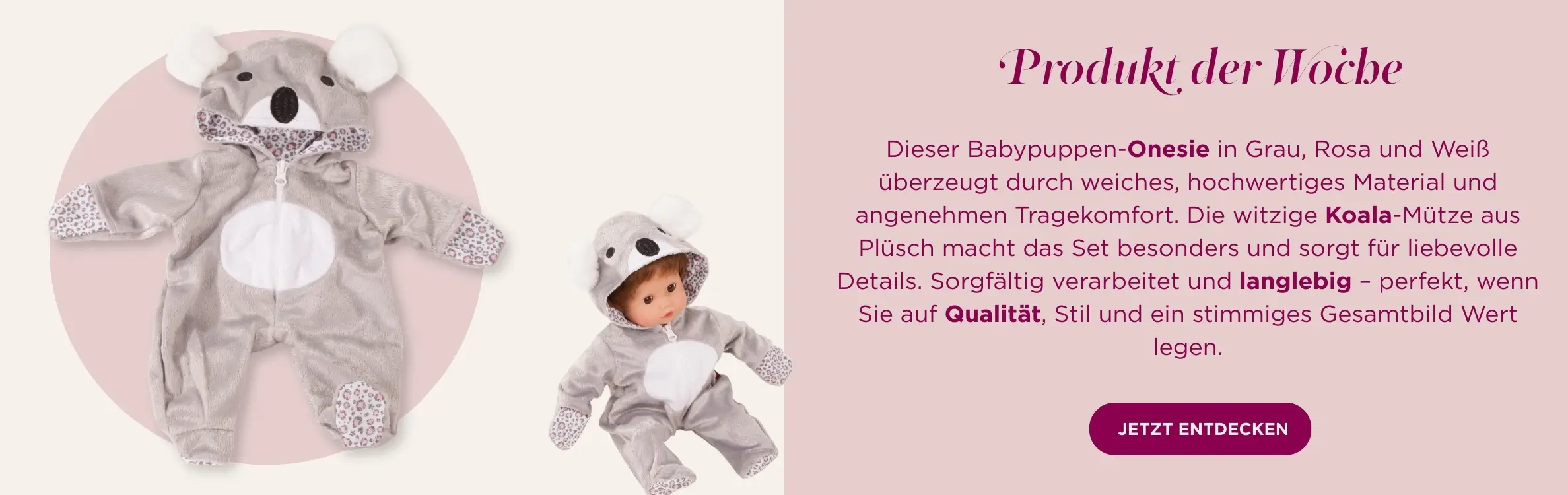 Onesie für Babypuppen Gr. 30-33 cm in grau-weiss mit Koala-Kopf Muetze und kuscheligem Stoff von Goetz