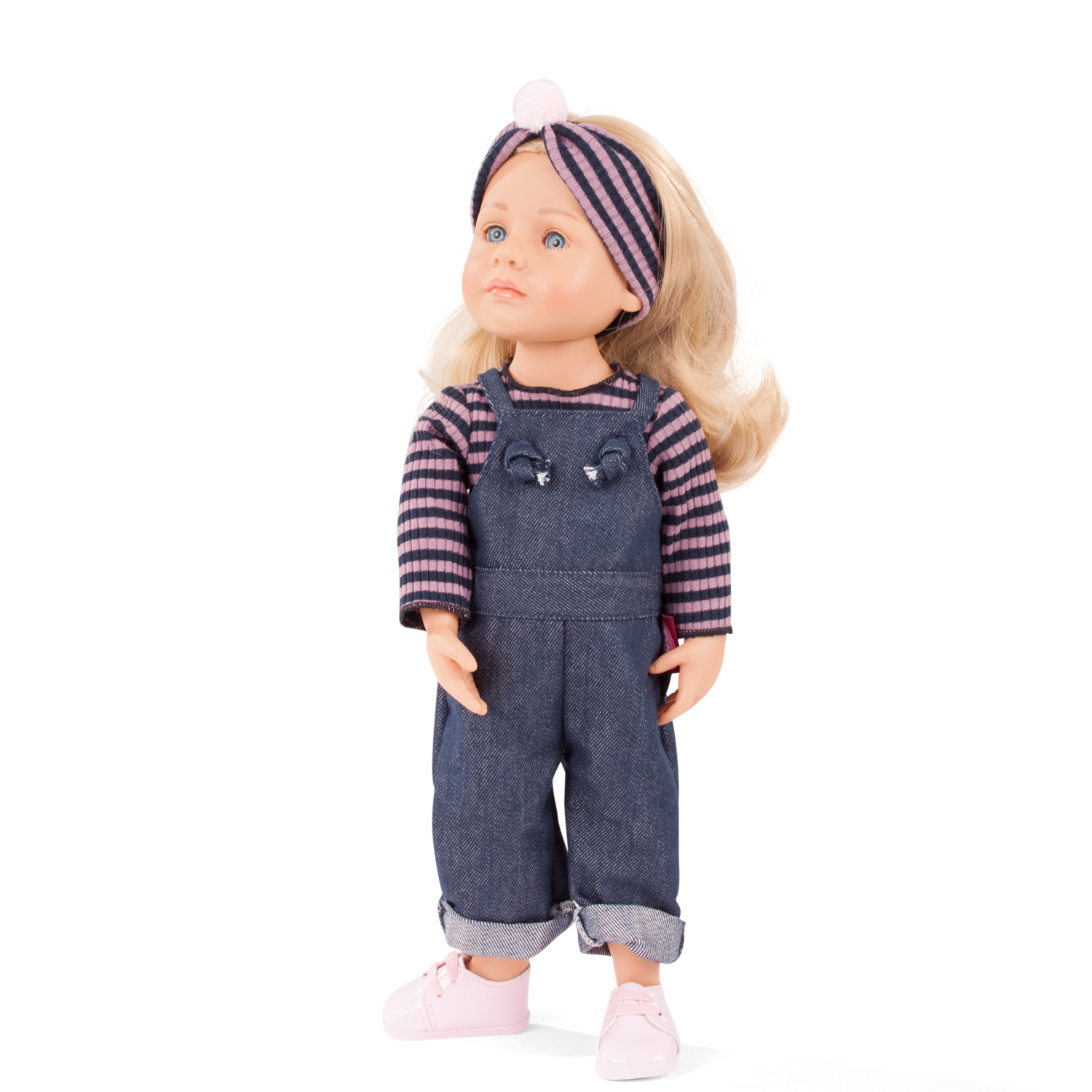 lotta-little-kidz-multigelenkstehpuppe-goetz-jeanslatzhose-ringelshirt-sneaker-blonde-haare-blaue-augen