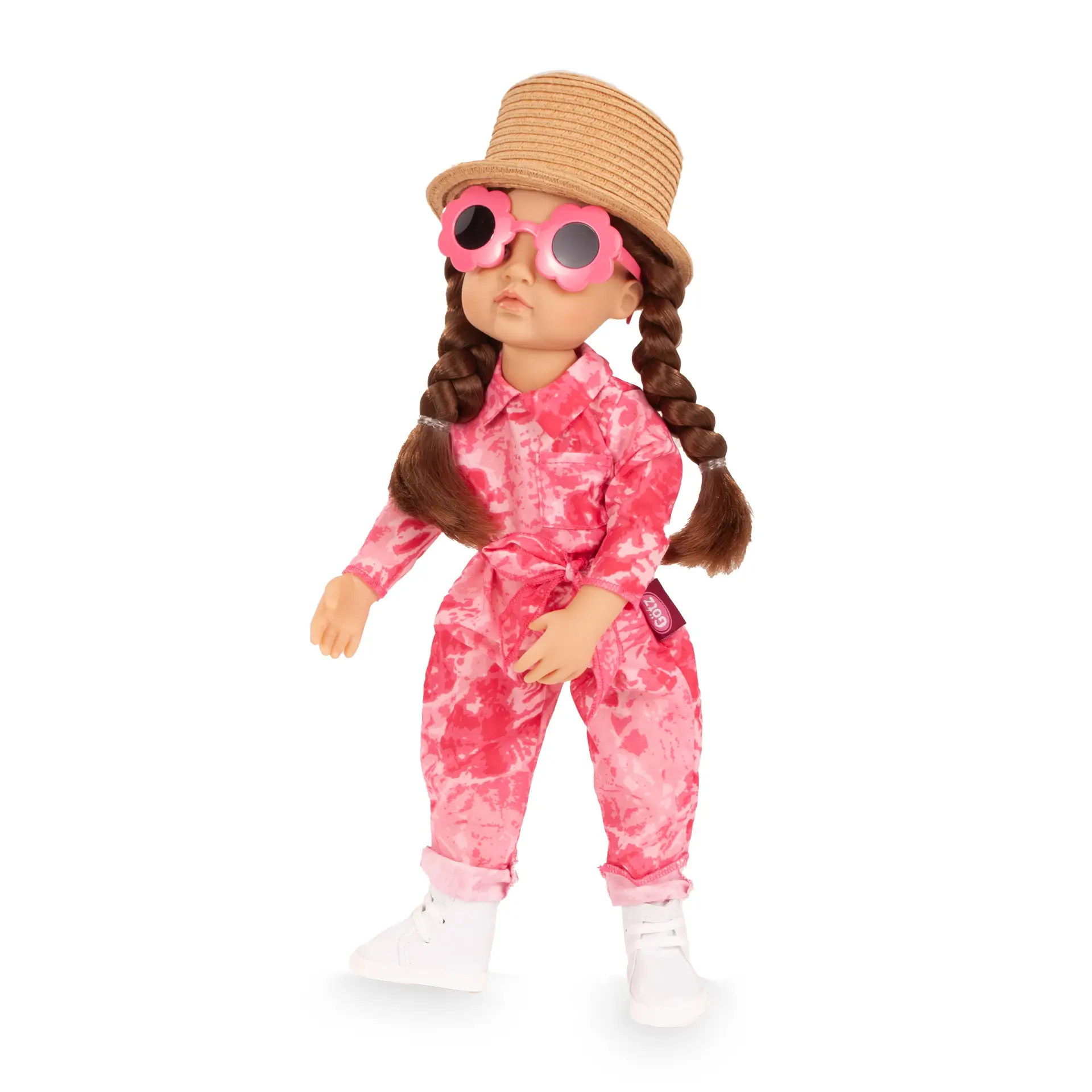 Puppe bekleidet in Set Gr. 36 cm in pinkem Batikmuster mit Strohhut, Sonnenbrille und weißen Stoffschuhen von Goetz