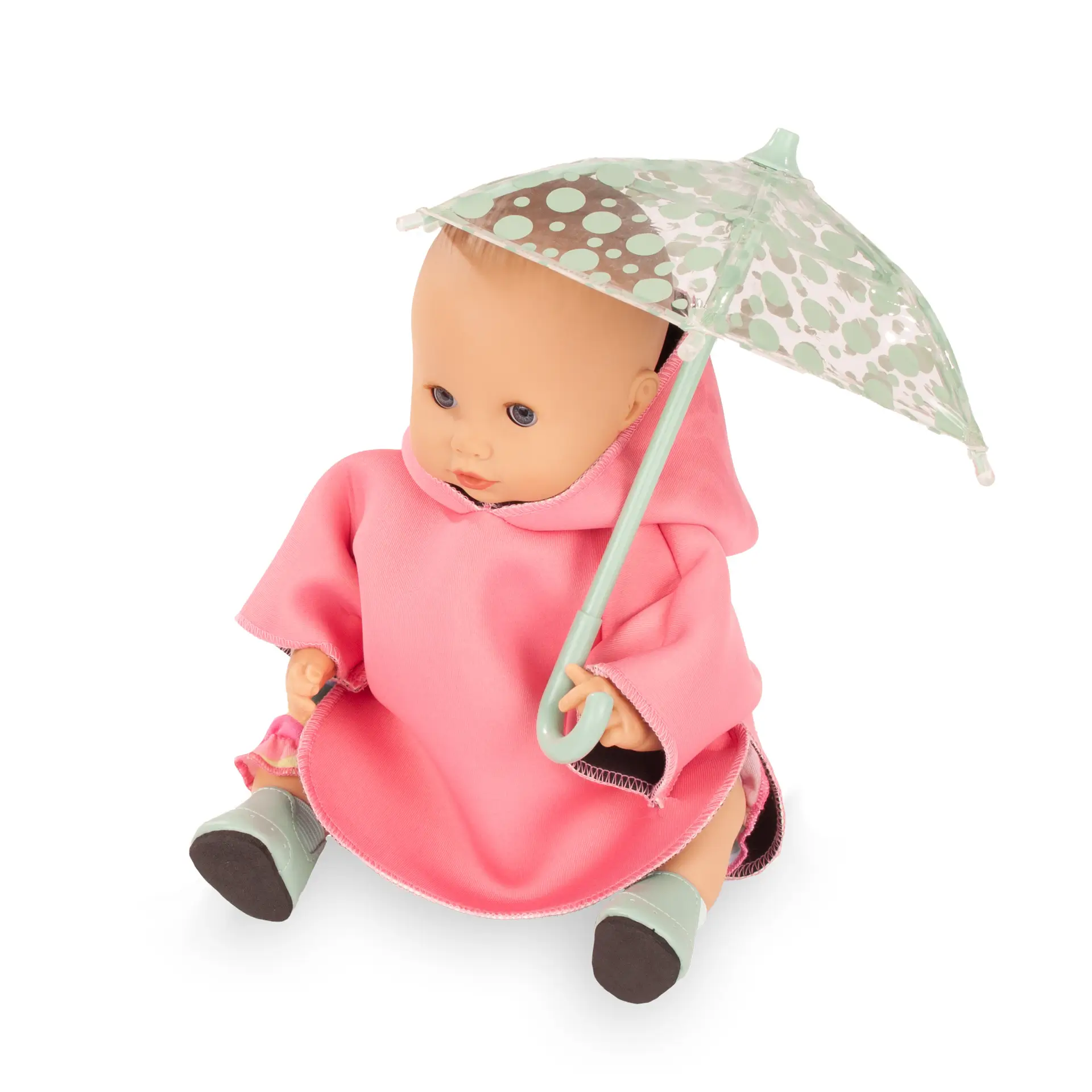 Badepuppe Gr. 30-33 cm mit blauen Schlafaugen, ohne Haare, Pipi- und Trinkfunktion. Dazu einen Regenschirm mit Neopren-Regencape und tuerkisfarbenen Stiefeln von Goetz