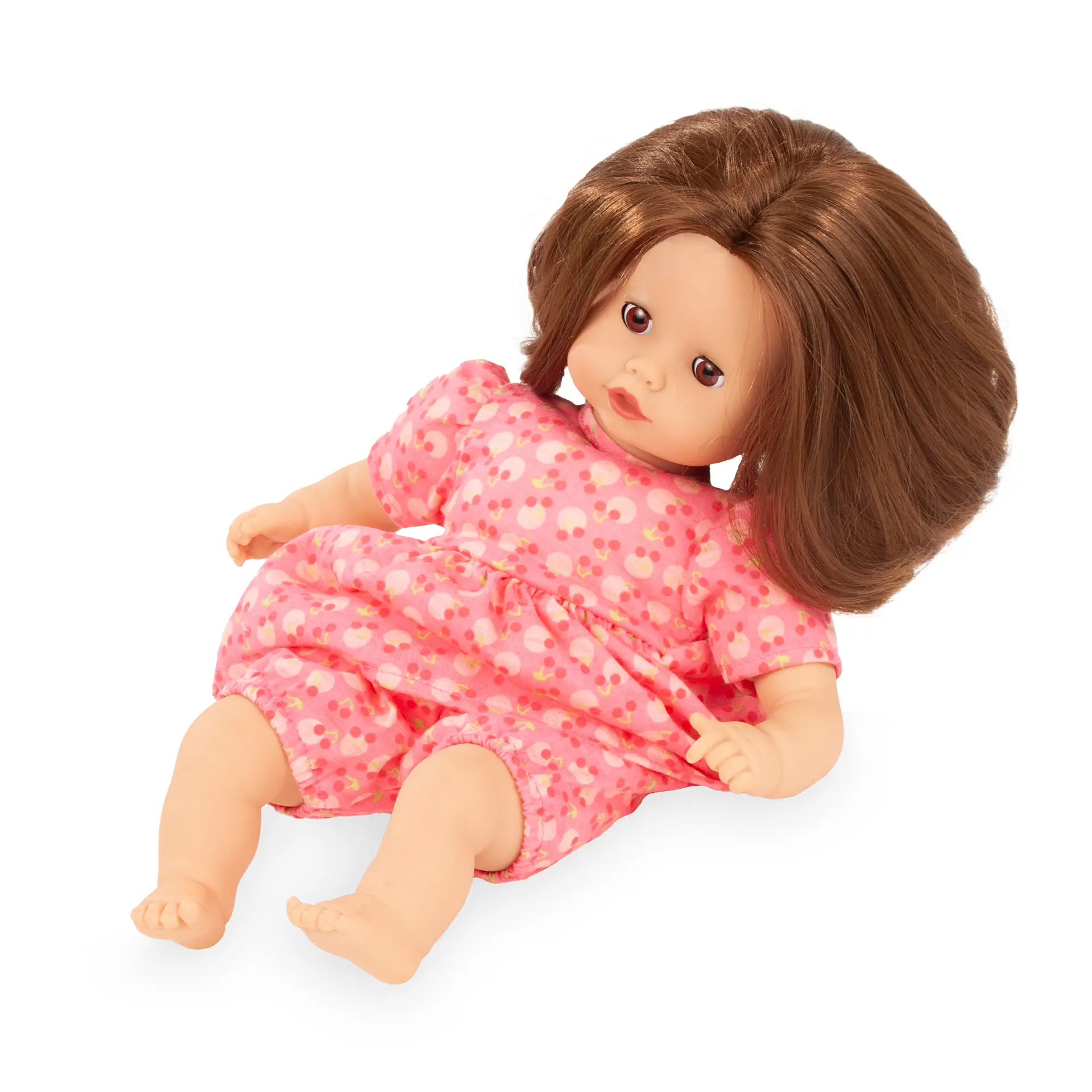 Sommer Einteiler, Kleid Gr. 30-33 cm mit Pumphose mit Kirschmotiv, angezogen. Von Goetz