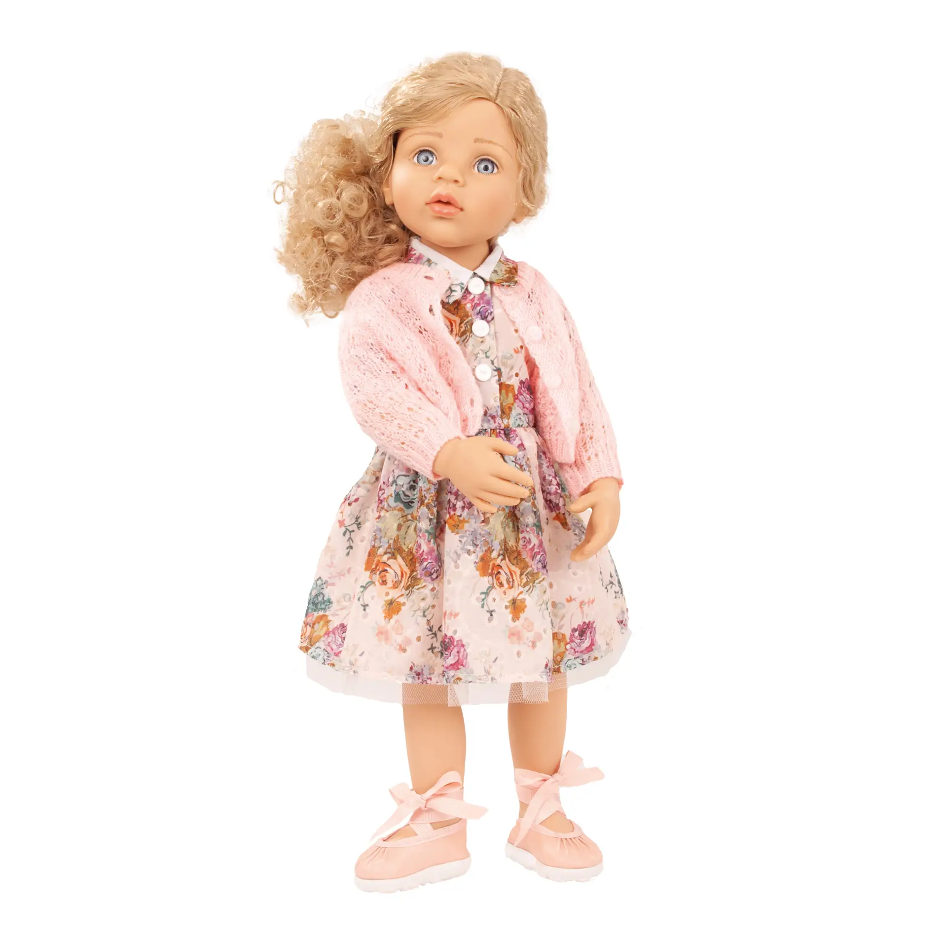 happy-kidz-greta-multigelenkstehpuppe-goetz-strickjacke-sommerkleid-tuellrock-blaue-augen-locken-blond-langhaarig-sommerschuhe-ballerinas