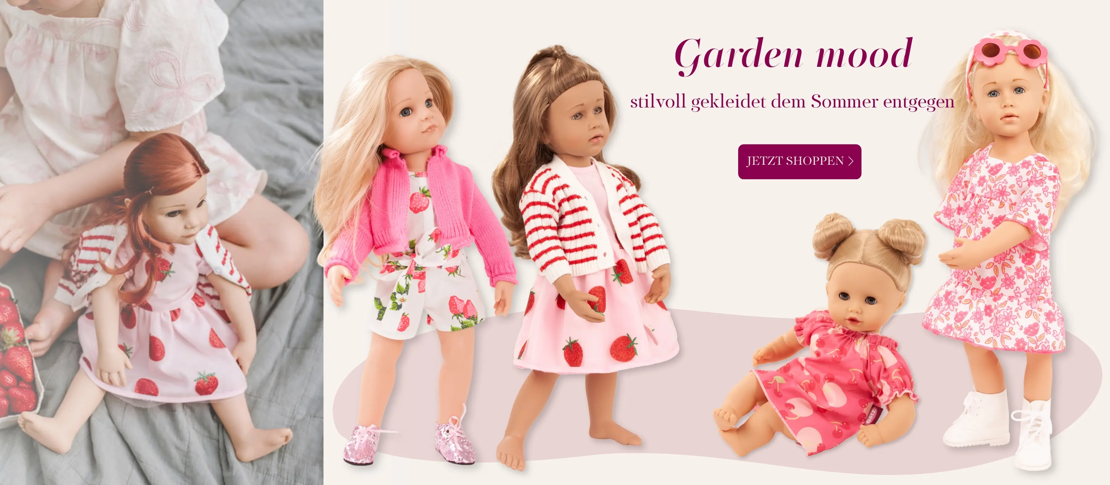 Bekleidungssets in Gr. 45-50 cm und 30-33 cm mit sommerlichem Erdbeer- und Kirschmotiven und Blumendesign von Goetz