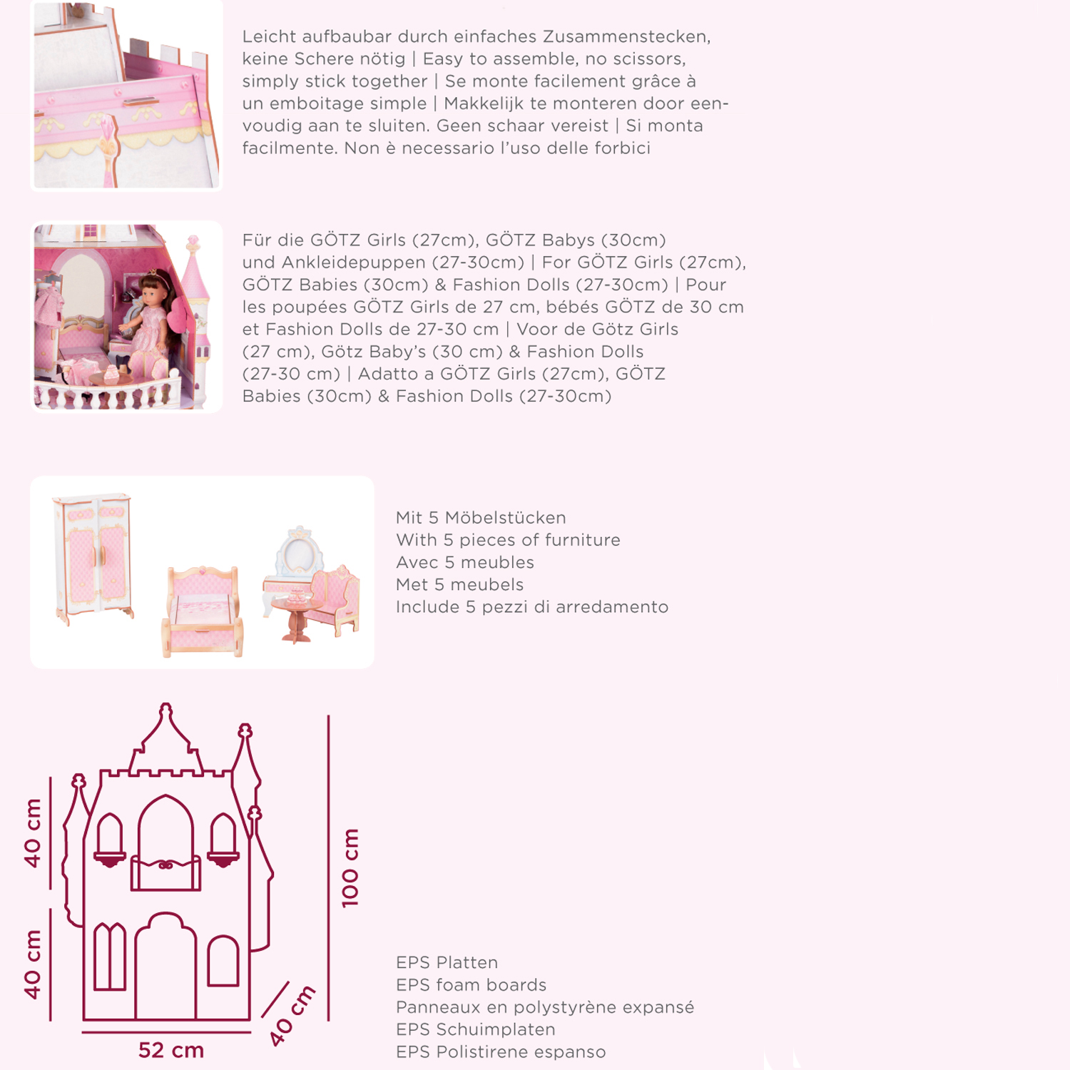 Puppenhaus fuer Stehpuppen zum zusammenstecken mit fuenf Moebelstuecken aus EPS Platten
