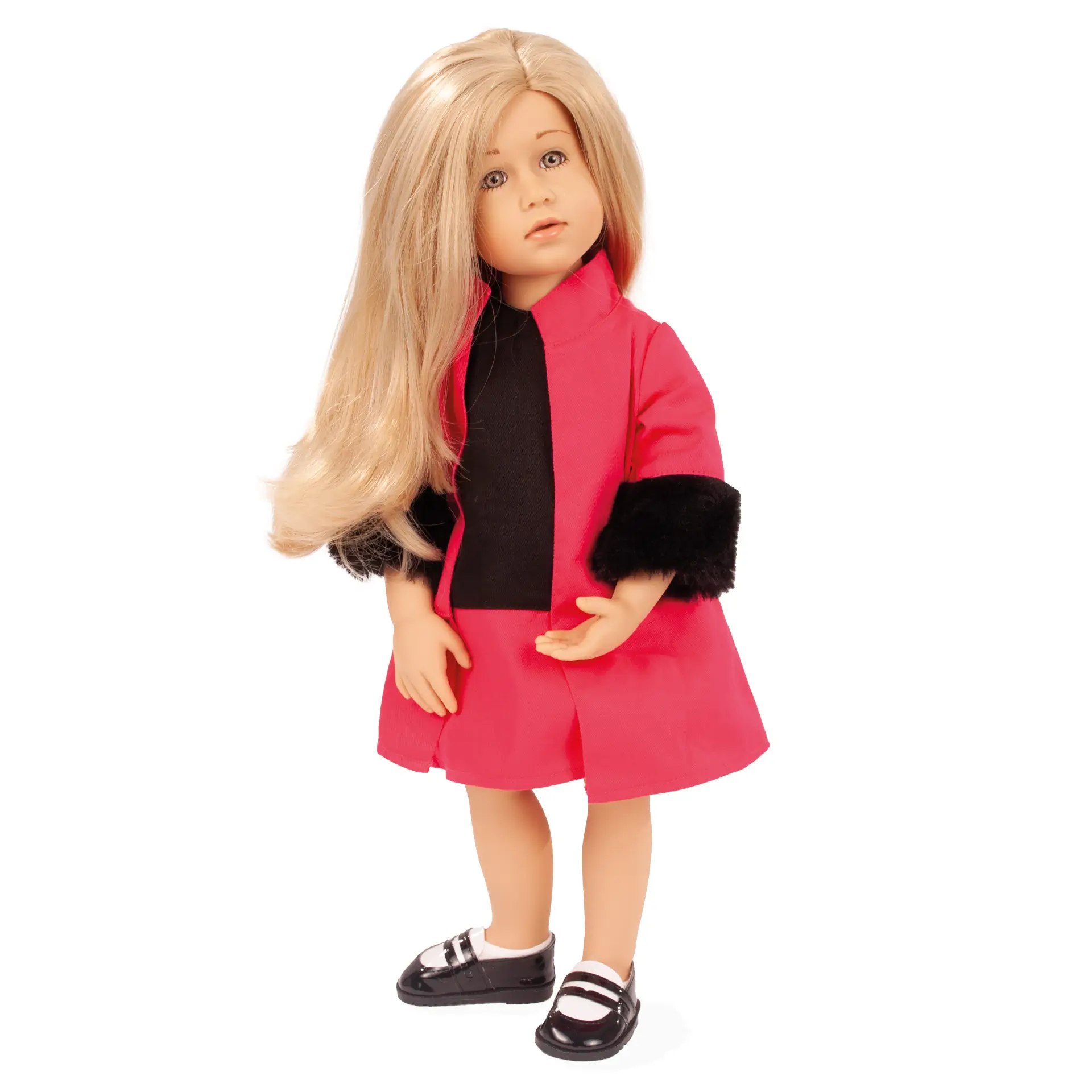 happy-kidz-svenja-multigelenkstehpuppe-goetz-pinkfarben-mantel-plueschbesatz-blond-langhaarig-spangenschuhe-sommerschuhe-kleid-feststehende-augen