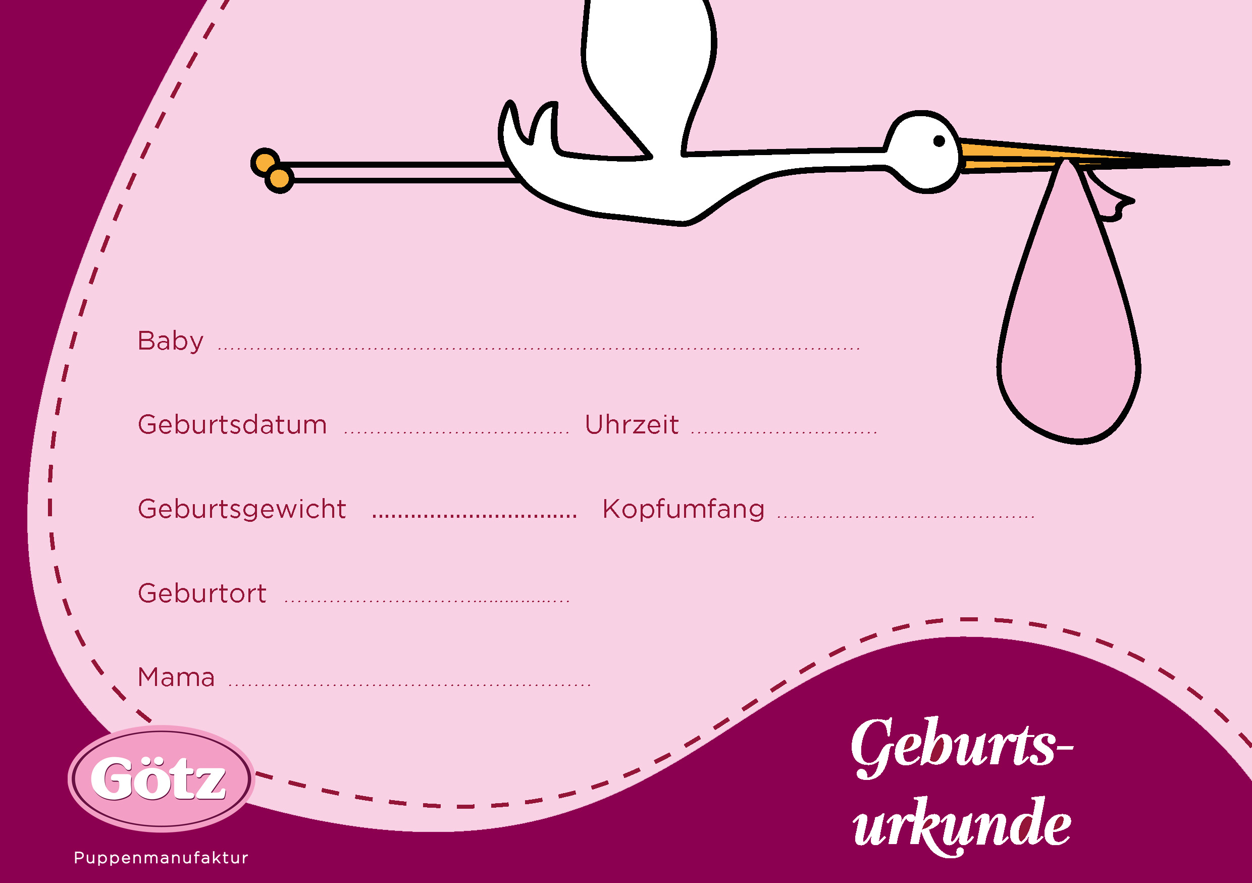 Geburtsurkunde fuer Puppen von Goetz mit Storchmotiv und Feldern zum Ausfuellen