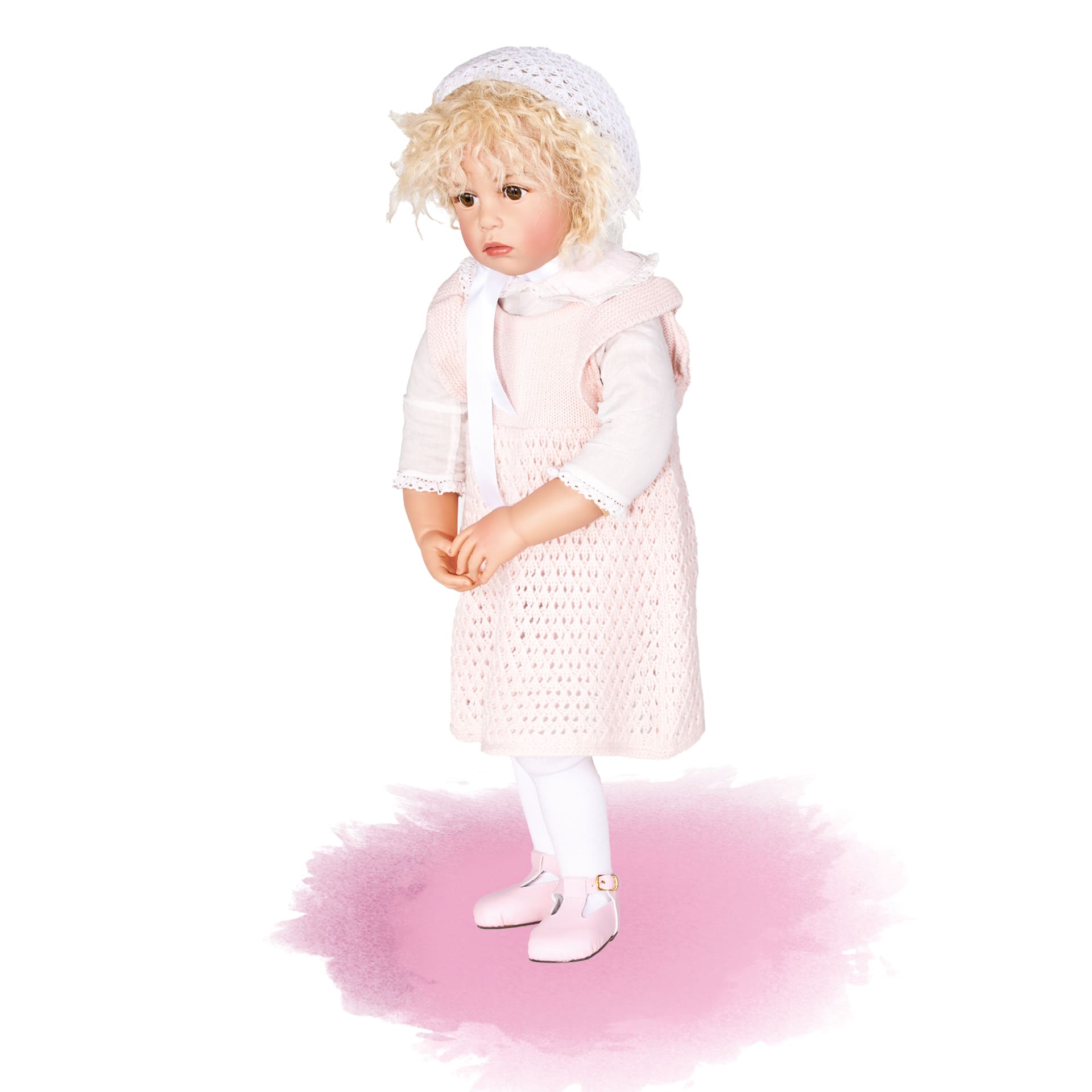 1224318-susie-skille-kuenstlerpuppe-goetz susie-skille-kuenstlerpuppe-goetz-echthaar-strickkleid-bluse-muetze-spangenschuhe-strumpfhose
