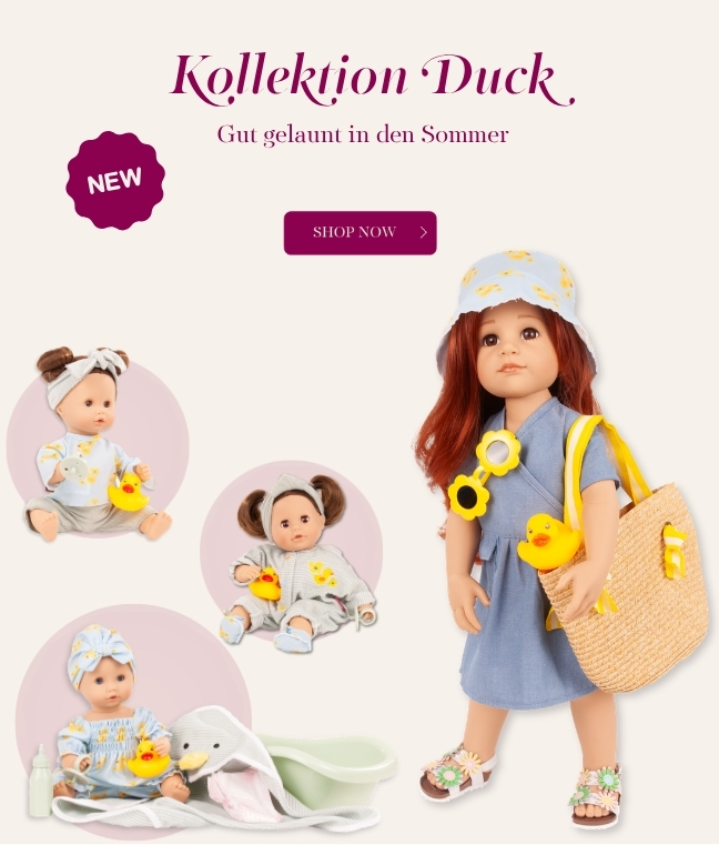 Puppenkollektion Duck Babypuppen Gr. 30-33 cm und Stehpuppe 45-50 cm mit Entenmotiv von Goetz