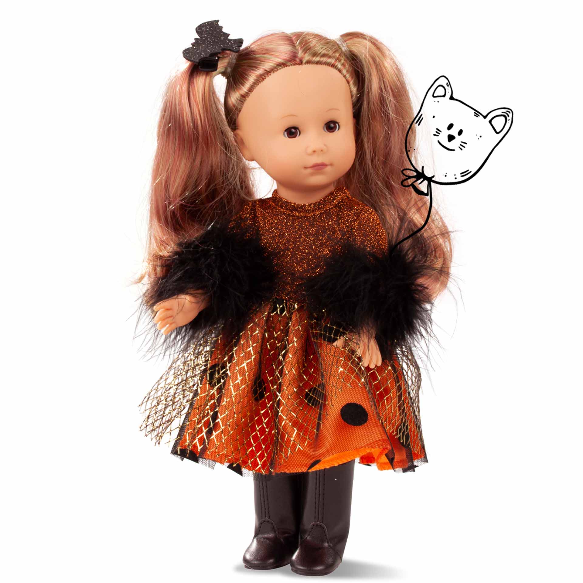 2113038-lucia-zauberhexe-just-like-me-stehpuppe-goetz lucia-zauberhexe-just-like-me-stehpuppe-schlafaugen-bunt-gesträhnt-fledermaus-haargummi-glitzer-tuellkleid-stiefel-halloween-goetz