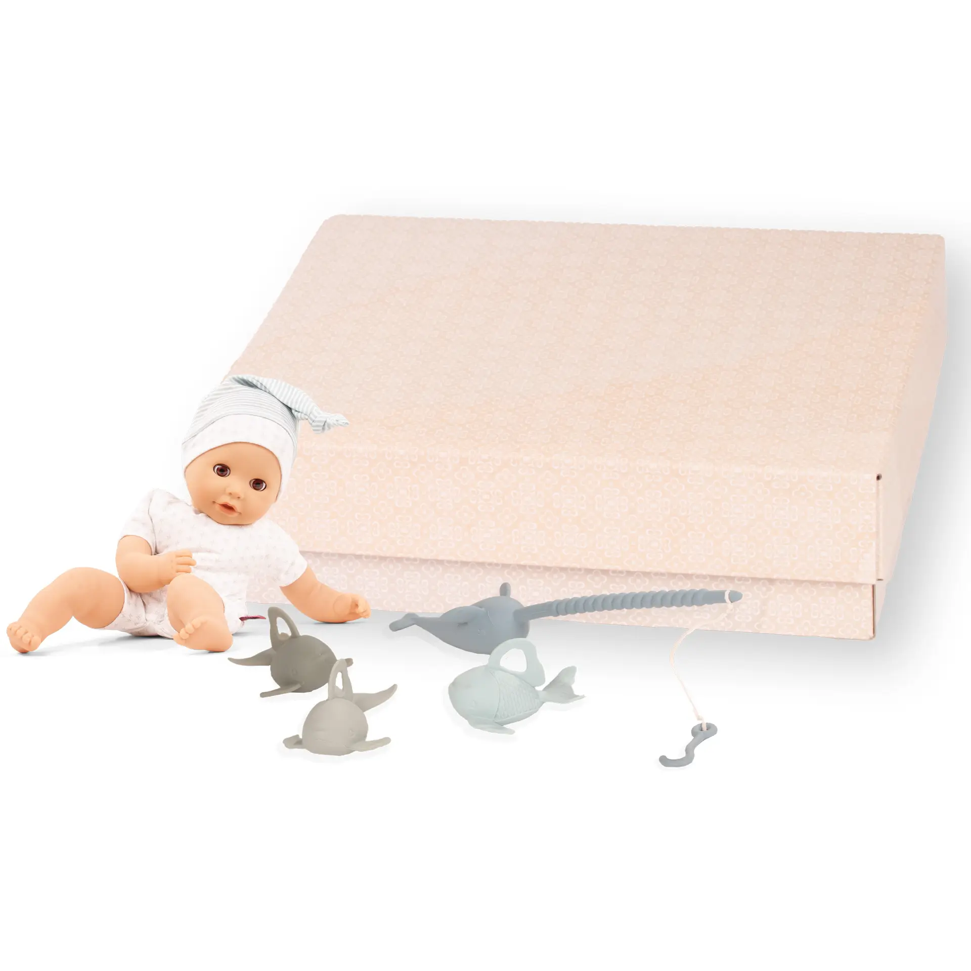 Badepuppe Gr. 33 cm Geschenkset mit Kinder Angelset mit Angel und 3 Fischen in zarten Blautoenen in Geschenkbox