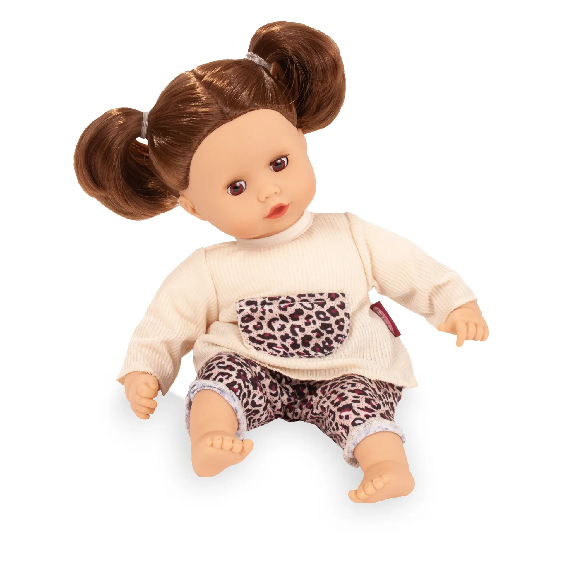 Bekleidungsset Gr. 30 und 36 cm bestehend aus einer Hose getigertes Muster und einem Shirt mit aufgenaehter Tasche, angezogen. Von Goetz