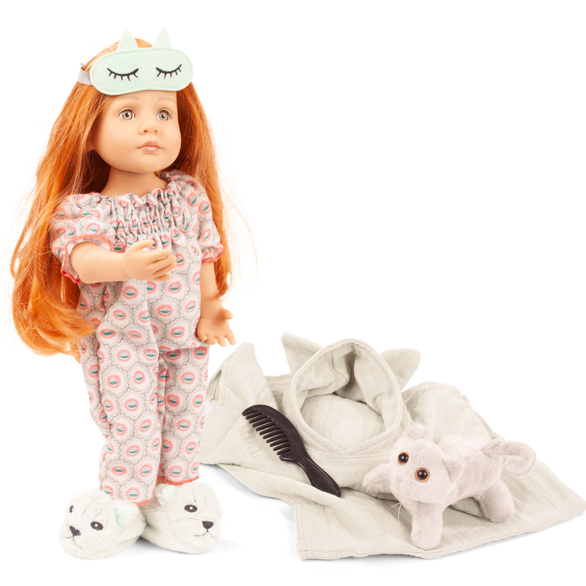 little-kidz-pj-party-multigelenkstehpuppe-goetz-schlafsack-schlafmaske-hausschuhe-puschen-rothaarig-schlafanzug-schlafmaske