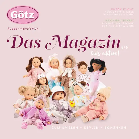 Cover des Goetz Puppen Magazins Nr 9 mit mehreren Stehpuppen und Babypuppen