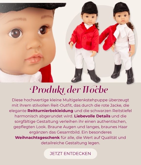Stehpuppe Gr. 36 cm mit neun Gelenken. Sie hat braunes langes Haar und braune Augen. Sie traegt eine rot-weisse Turnierbekleidung von Goetz
