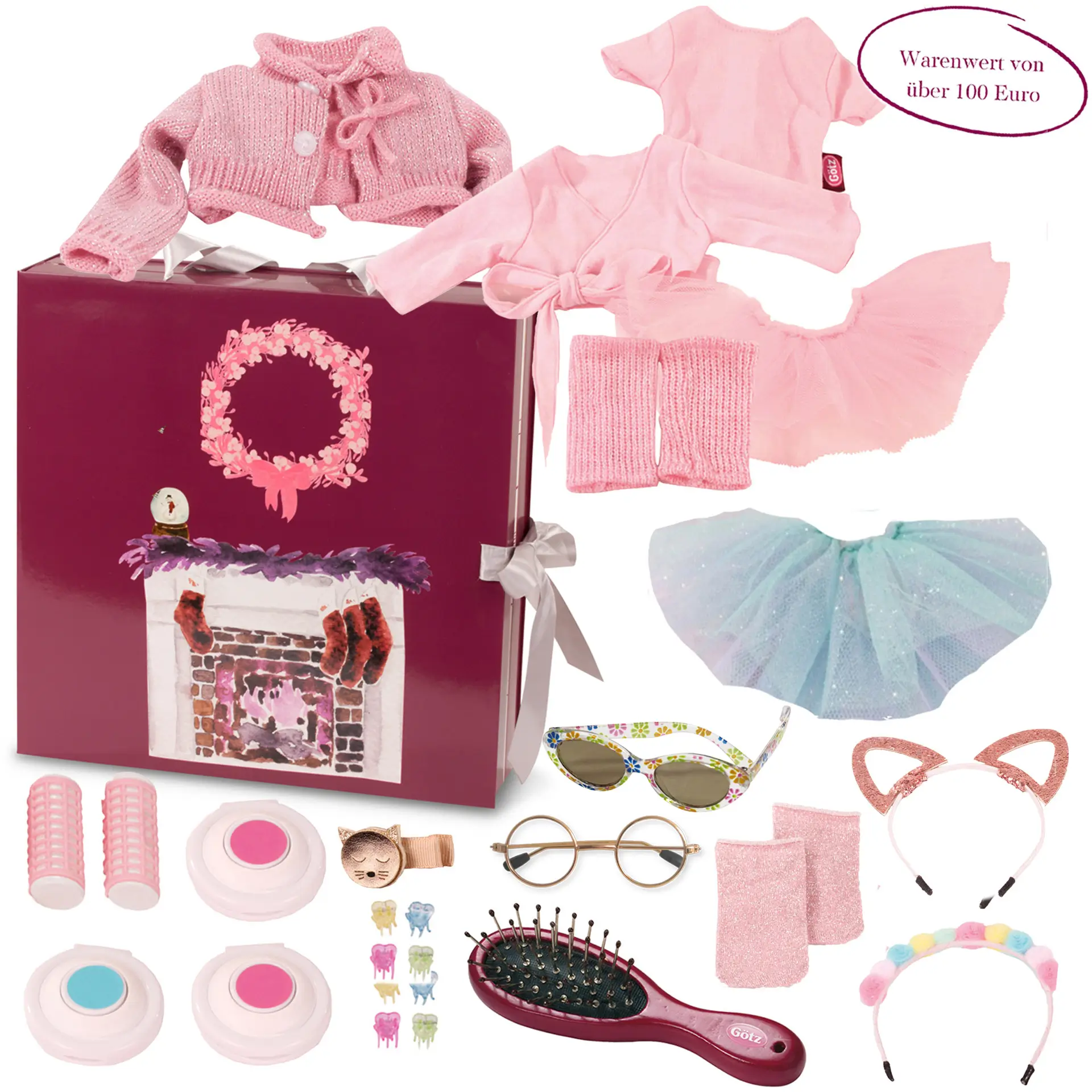 Adventskalender für Stehpuppen Gr. 45-50 cm mit Strickjacke, Ballett-Outfit, Buerste, Haarklammern, Haarkreide, Haarreifen, Brillen, Stulpen, Struempfe und Tuetues. Von Goetz