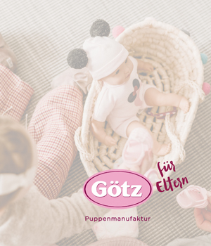 Cover des Goetz Puppen Magazins Nr 8 mit einer 33 cm grossen Babypuppe im Tragekorb und einem Kind