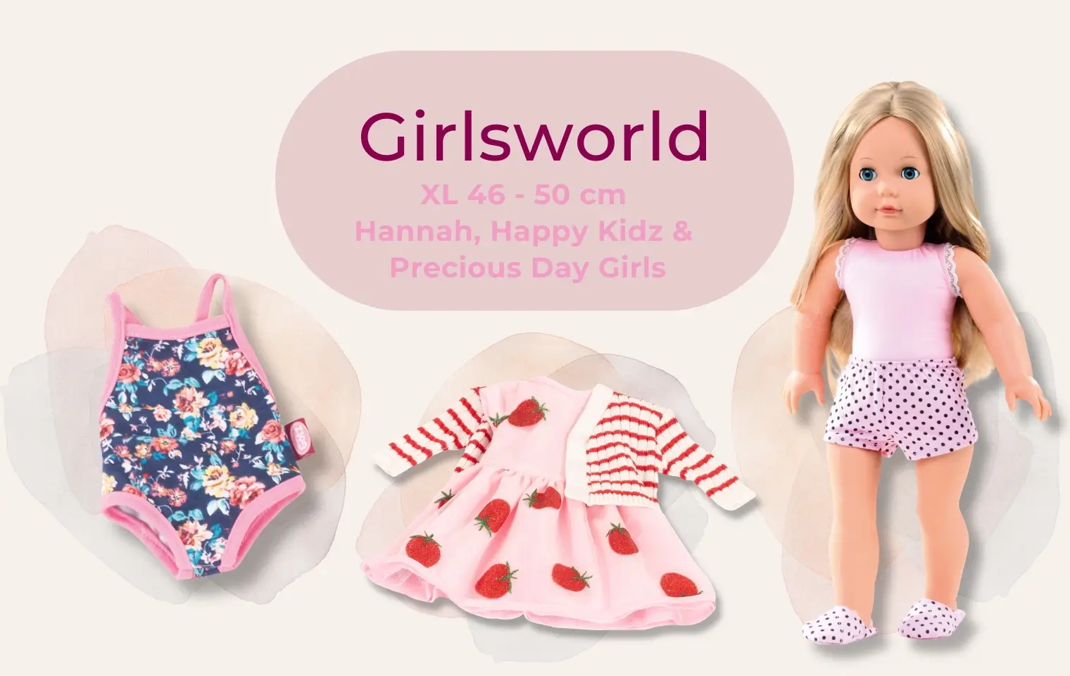 Girlsworld Gr. XL: 46 cm grosse blonde Stehpuppe mit Blumen-Badeanzug, Kleid mit Erdbeerprint und gestreifte Strickjacke