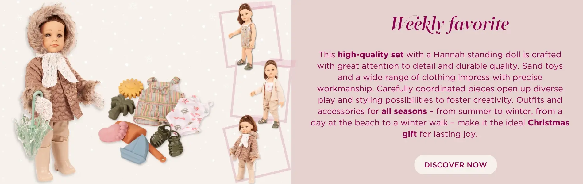 Stehpuppe Gr. 45-50 cm mit grossem Zubehoerset. Winteroutfit mit Schal, Handschuhen und Regenschirm und Sommerset mit Badeanzug, kurzer Latzhose, Strandspielzeug und Sandalen von Goetz