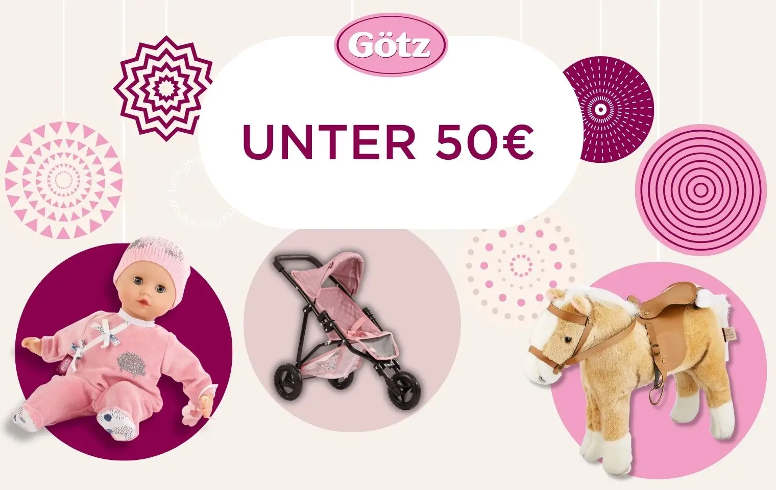 Geschenkideen unter 50 Euro: braunes Plüschpferd, 30 cm große Babypuppe im rosa Outfit und rosa Puppenwagen