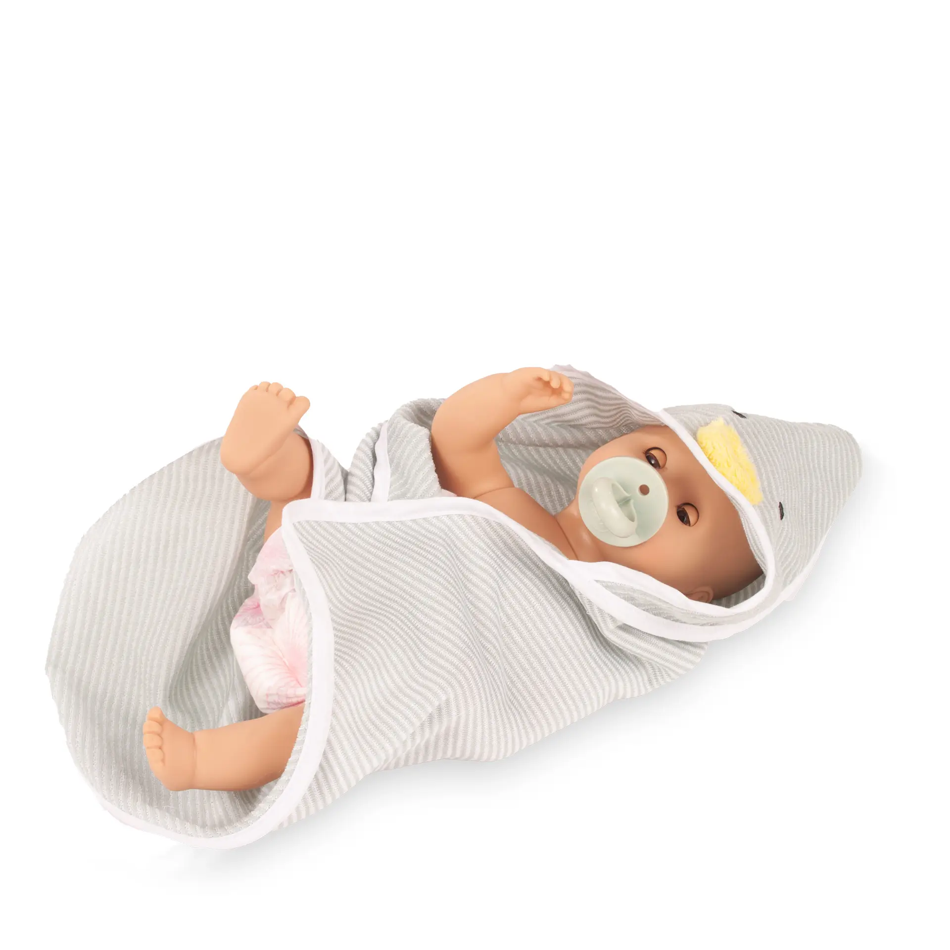 Badepuppe Gr. 30-33 cm mit blauen Schlafaugen, ohne Haare, Trink- und Toepfchenfunktion im Kapuzen-Badetuch und Schnuller und Windel , liegend von Goetz