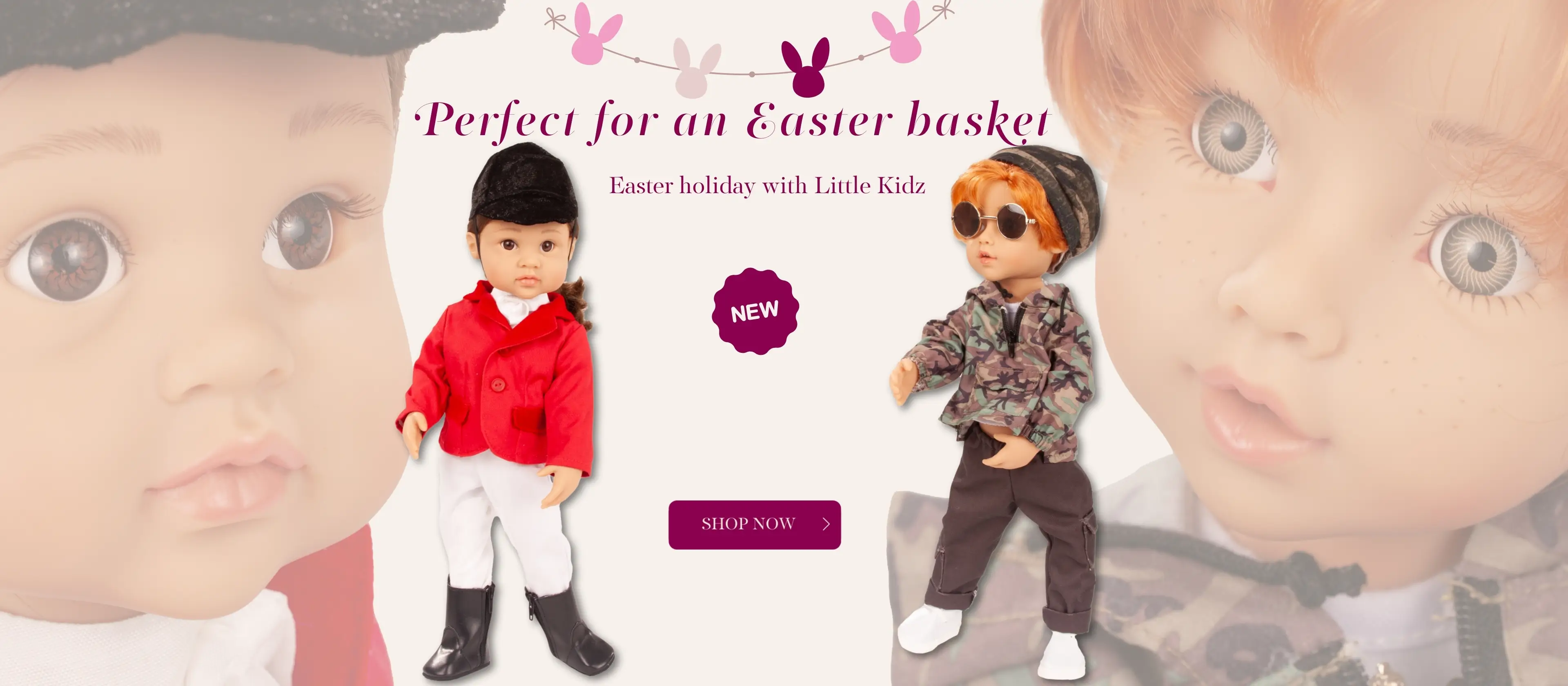 Multigelenkstehpuppen Gr. 36 cm. Ein Girl im Reitoutfit mit braunen Augen und braunem Haar und ein Junge in camouflage-Kleidung mit rotem Haar von Goetz