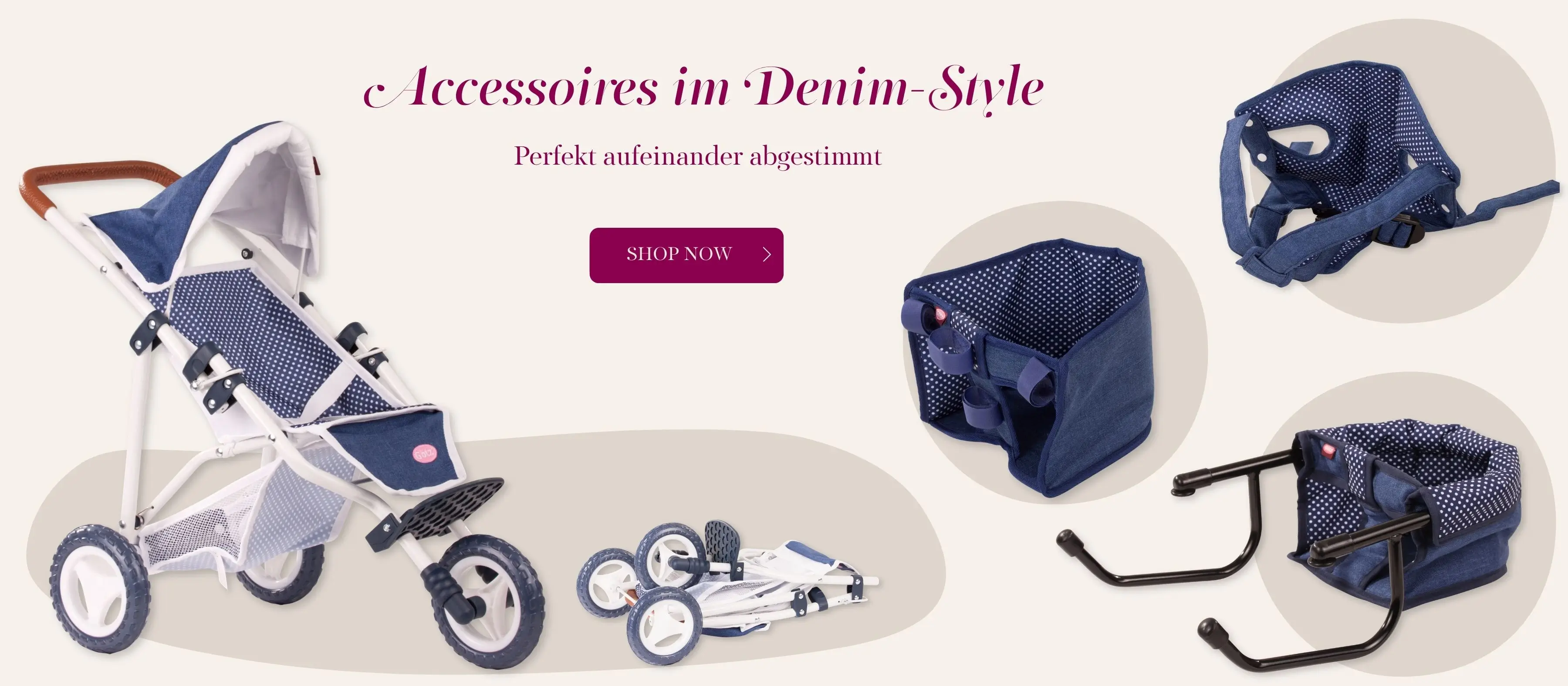 Puppenwagen, Fahrradsitz, Bauchtrage und Tischsitz in Denim von Goetz