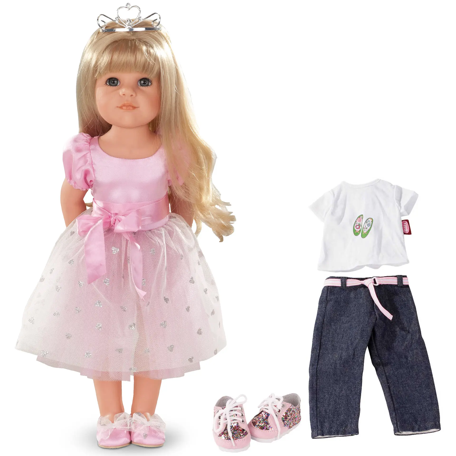 1359072-hannah-princess-stehpuppe-goetz hannah-princess-stehpuppe-goetz-emo-satinkleid-tuellrock-blond-blauaeugig-prinzessin-jeans-sneakers-shirt-tiara-krone