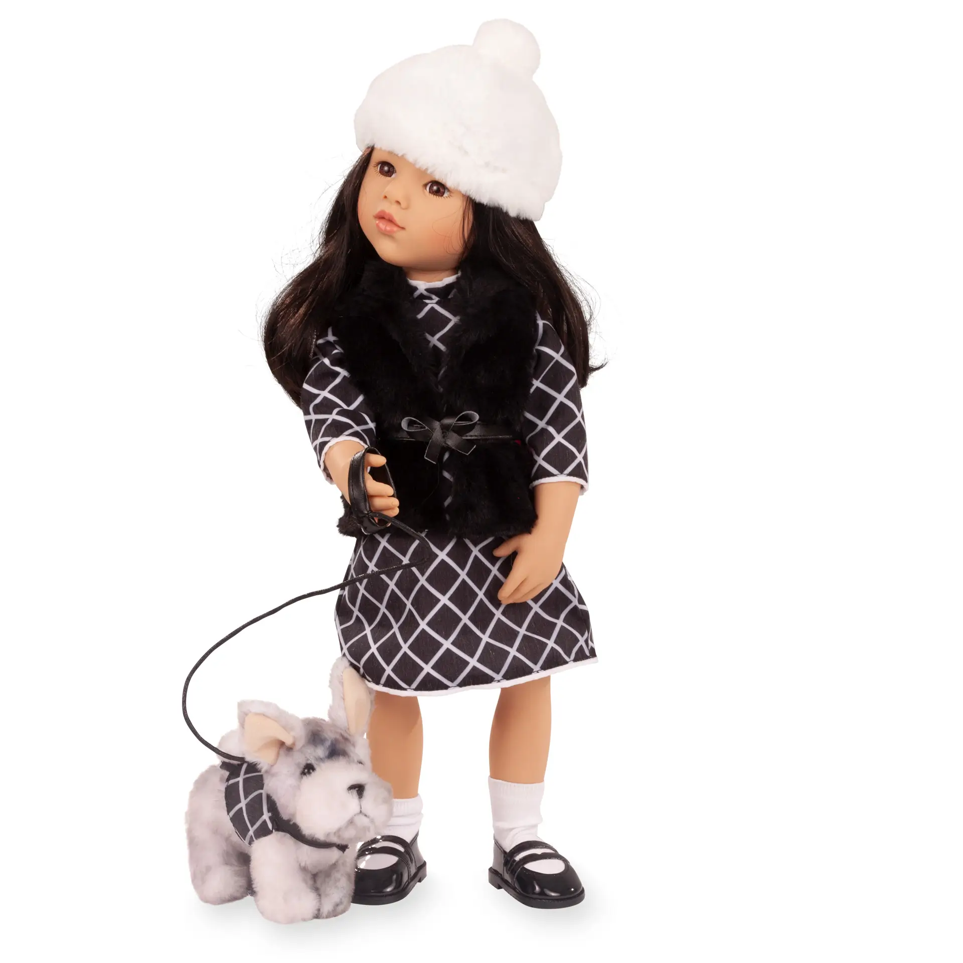 happy-kidz-signature-edition-kopenhagen-multigelenkstehpuppepuppe-goetz-spangenschuhe-kleid-karokleid-muetze-hund-hundecape-langhaarig-schwarzhaarig-strümpfe