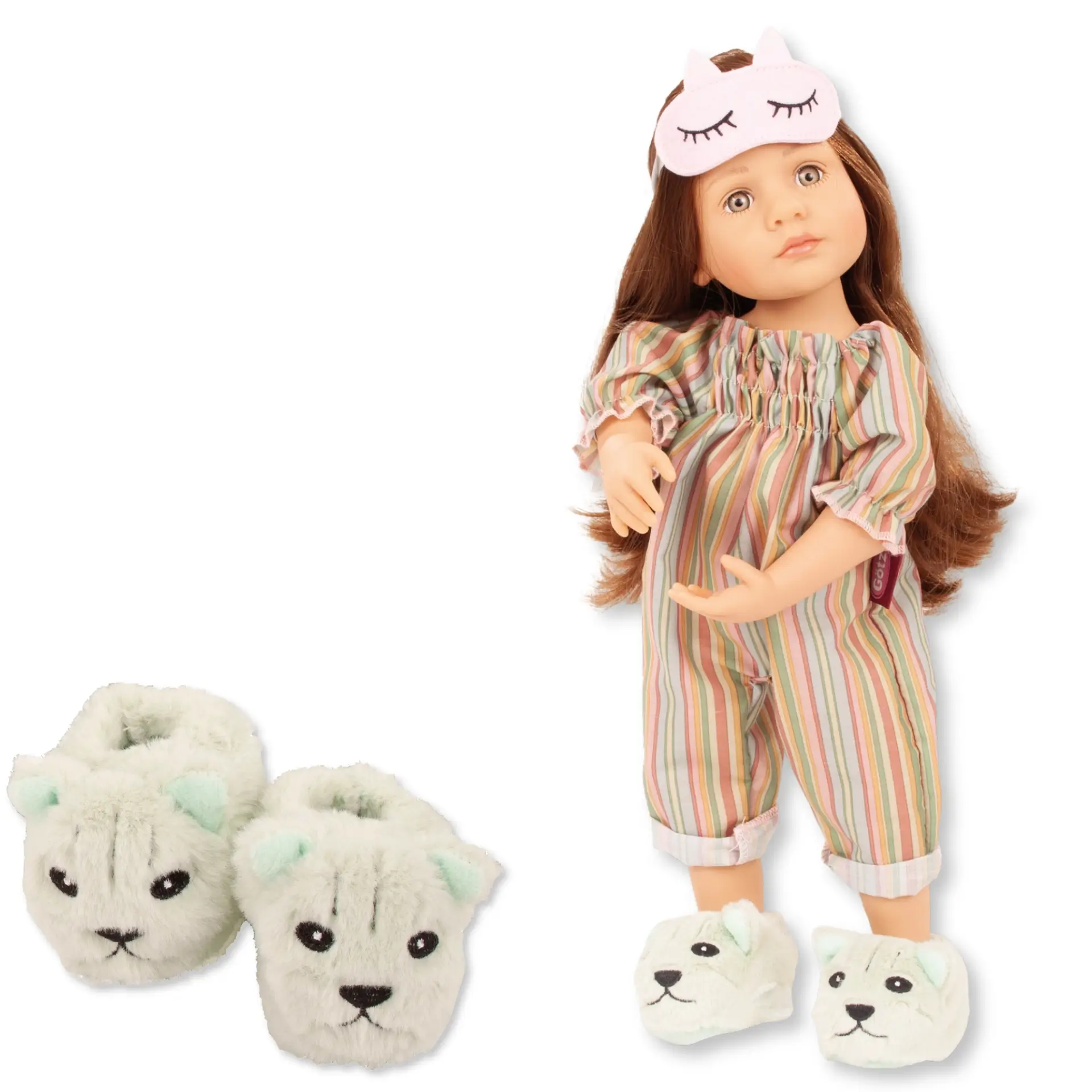 Stehpuppe Gr. 36 cm mit gestreiftem Overall Hausschuhen für Puppe und Kind im edlen Geschenkkarton Geschenkset