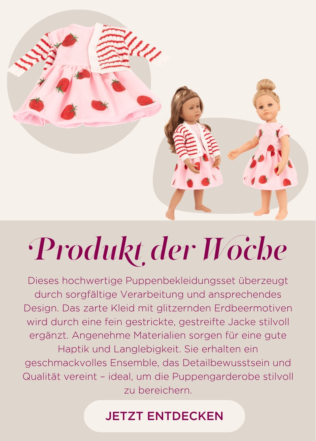 Sommerbekleidungsset fuer Stehpuppen Gr. 45-50 cm. Bestehend aus einem Kleid mit Erdbeermotiv in Glitzer mit Tuell darueber und einer passenden Strickjacke in rot-weiss geringelt von Goetz