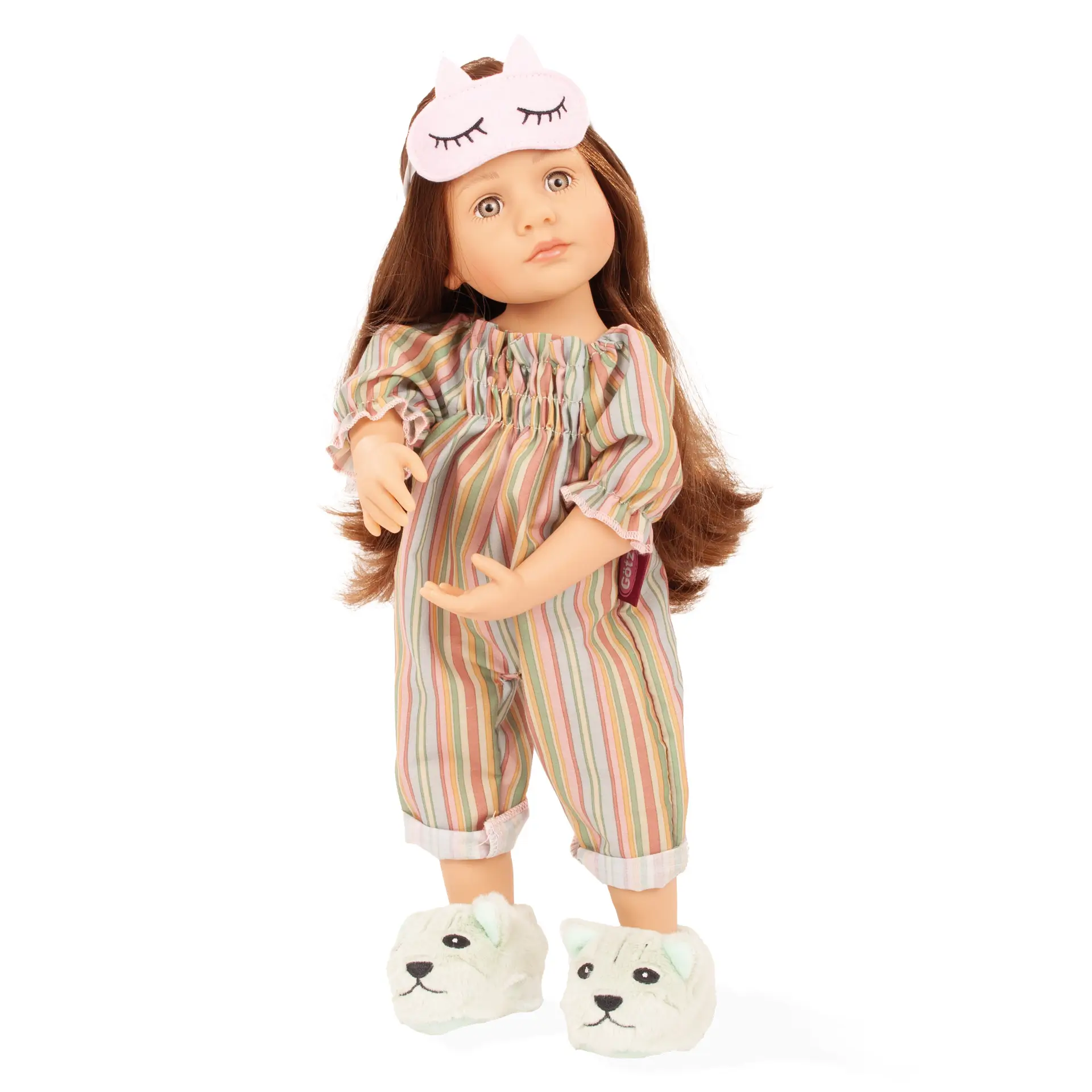 2511042 Little Kidz PJ Party Multigelenkstehpuppe Goetz Stehpuppe Gr. 36 cm mit gestreiftem Overall Hausschuhen für Puppe und Kind im edlen Geschenkkarton Geschenkset