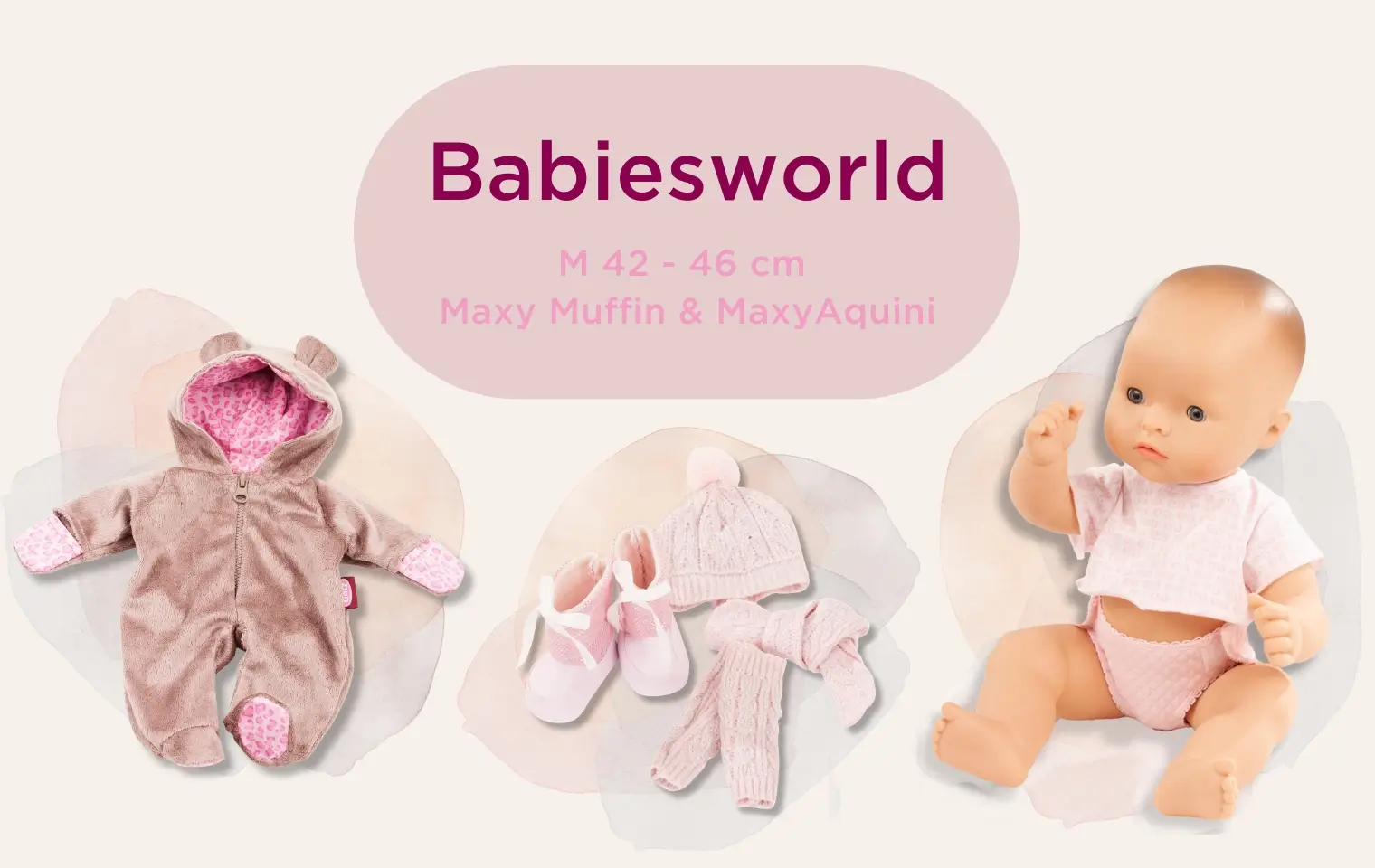 Goetz Babiesworld Gr. SM Babiesworld Gr. M: 42 cm grosse Babypuppe ohne Haare, Schal, Strickmuetze, Winterschuhe und Onesie im Teddy-Design
