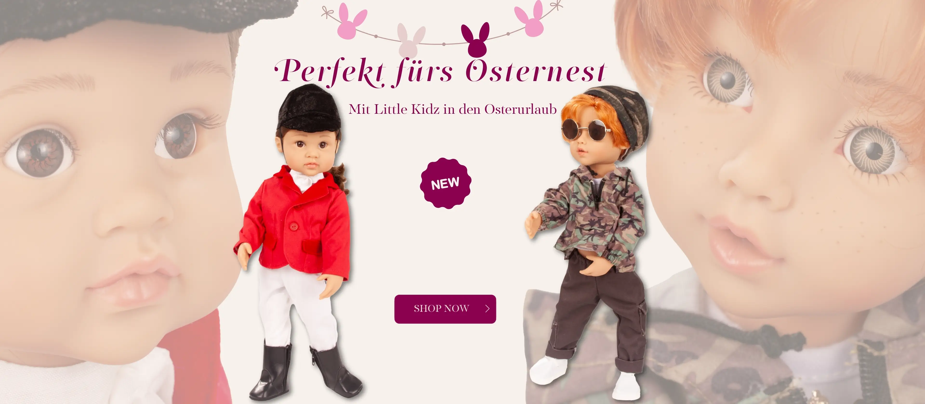 Multigelenkstehpuppen Gr. 36 cm. Ein Girl im Reitoutfit mit braunen Augen und braunem Haar und ein Junge in camouflage-Kleidung mit rotem Haar von Goetz