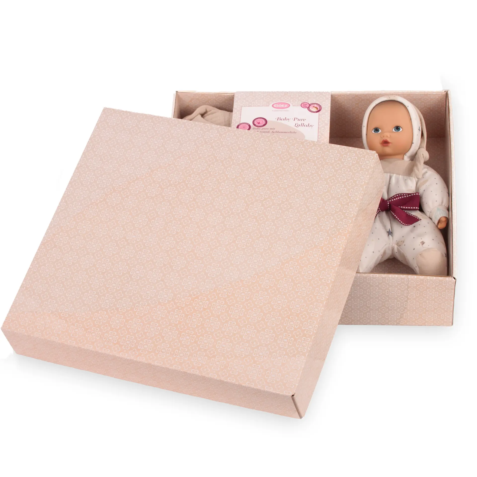 2491525 Baby Pure Lullaby Babypuppe Geschenkset Goetz Babypuppe mit Sound Gr. 33 cm für die Kleinsten, leicht und weich mit Schlafsack und Beissring fürs Kind in Geschenkbox