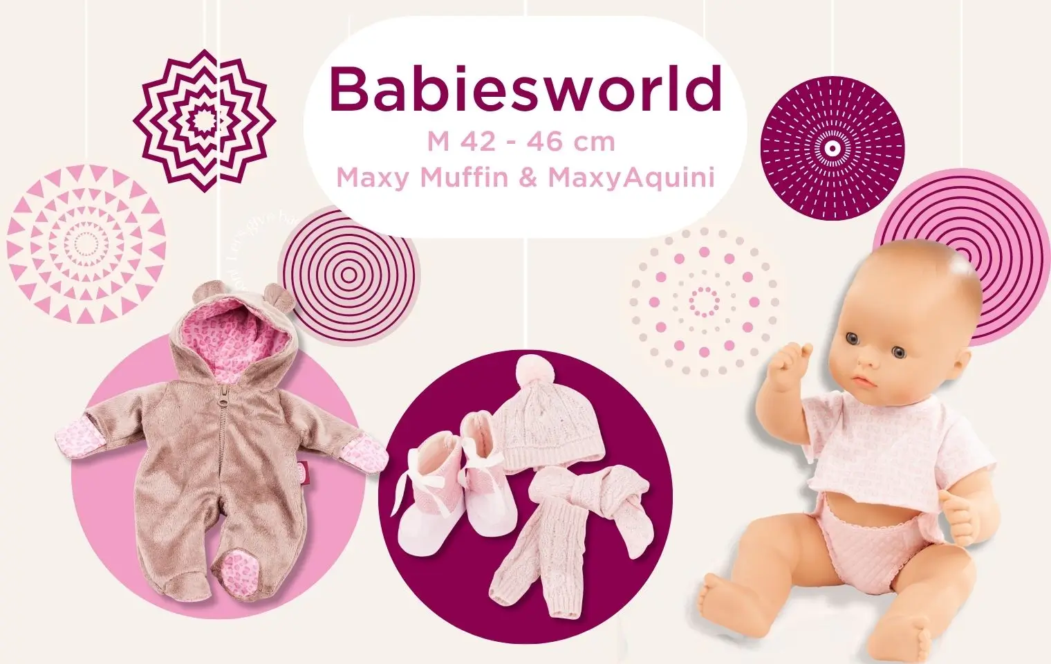 Babiesworld Gr. M: 42 cm grosse Babypuppe ohne Haare, Schal, Strickmuetze, Winterschuhe und Onesie im Teddy-Design