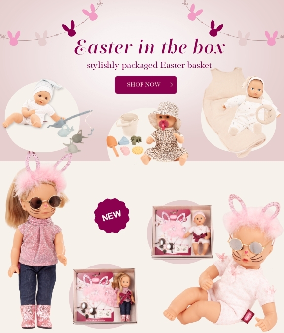 Stehpuppen und Babypuppen in einer Geschenkbox mit Zubehoer fuers Osterfest von Goetz