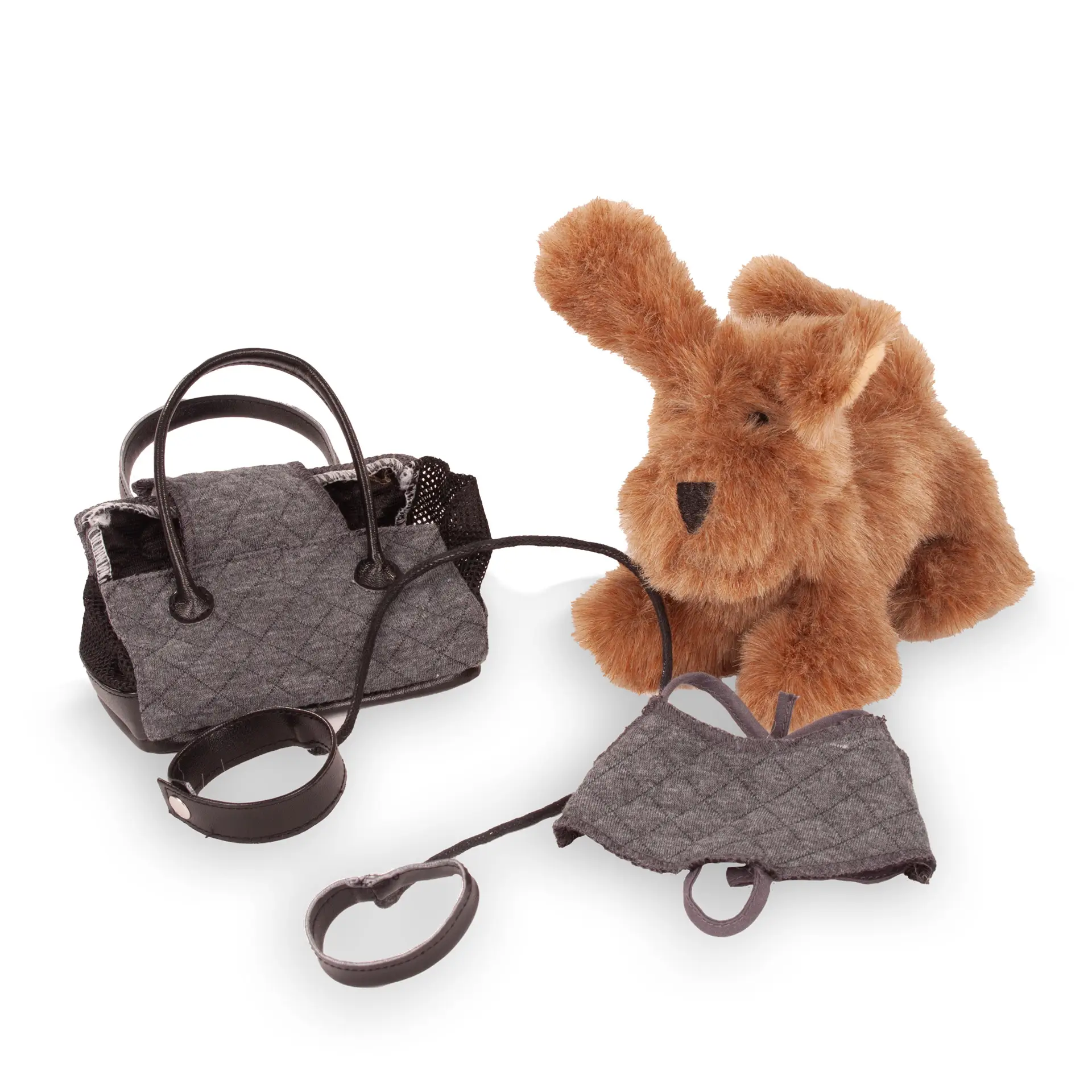 Braunfarbiger Plueschund mit Cape, einer Leine und einer Hundetragetasche von Goetz