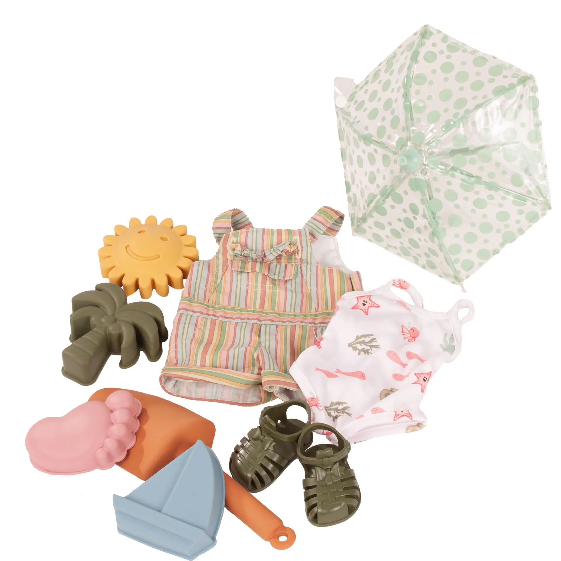 2559012-hannah-every-season-multigelenkstehpuppe-goetz hannah-every-season-multigelenkstehpuppe-goetz-sandspielzeug-schirm-badeanzug-latzhose-schaufel-sandformen-sandalen