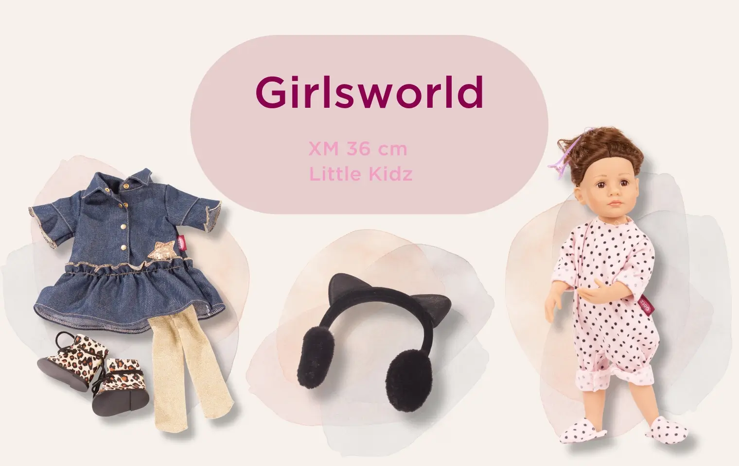 Girlsworld Gr. XM: 36 cm grosse Stehpuppe mit braunen Haaren, Haarreif mit Katzenohren und Bekleidungsset bestehend aus Stiefel, Jeanskleid und goldener Strumpfhose