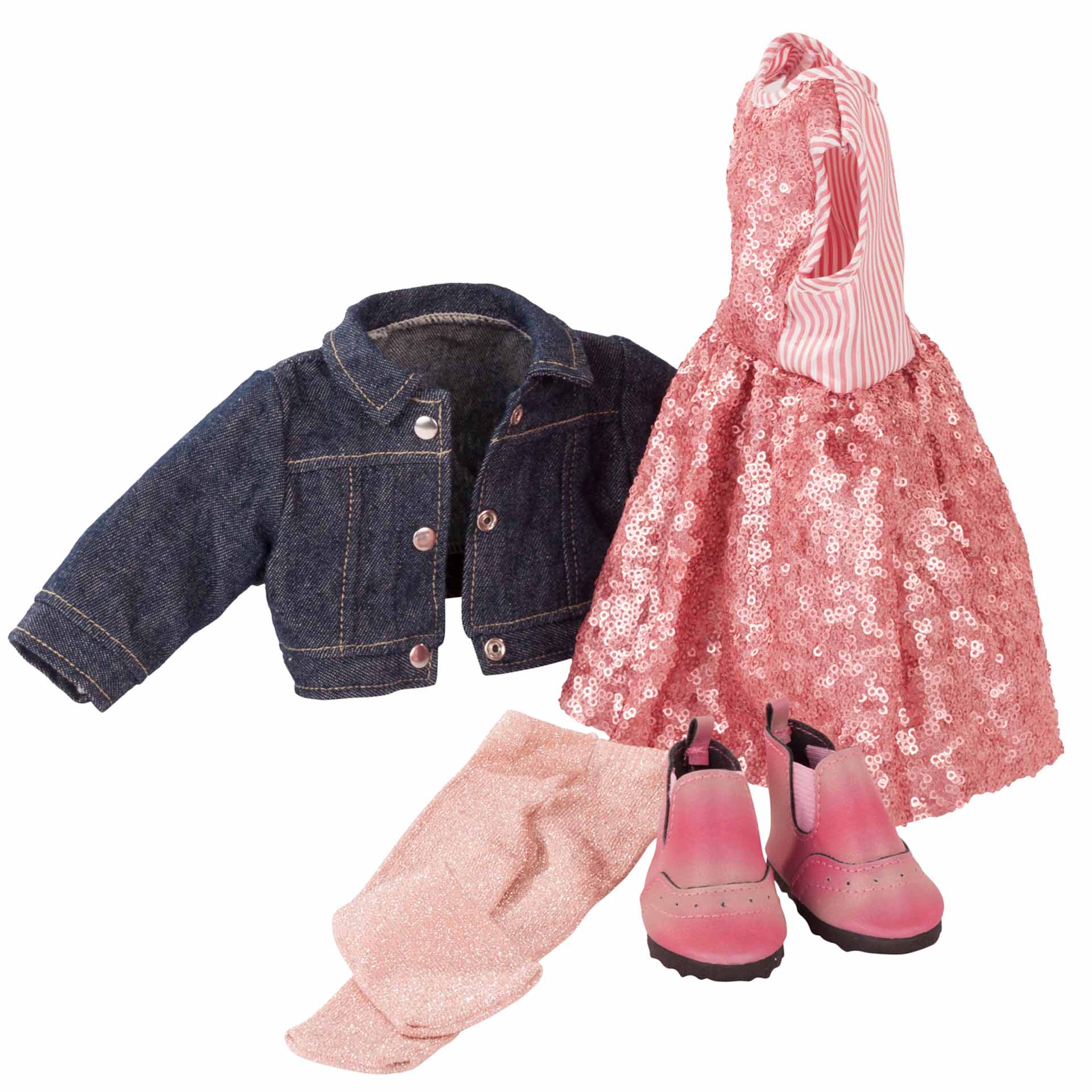 3403030-set-glitter-glamour-goetz-seitlich set-glitter-glamour-pailettenkleid-strumpfhose-jeansjacke-denimjacke-boots-halbschuhe-puppenkleidung-goetz