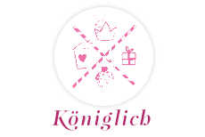 Logo mit pinkfarbenen Symbolen wie einer Krone, einem Herz, einem Geschenk und einem Pferd sowie dem Schriftzug Koeniglich
