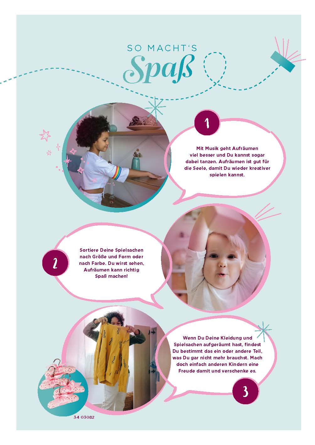 Familienaktion Fruehjahrsputz Aufraeumtipps Aufraeumtipps und drei Bilder von Kindern die beim Aufraeumen Spass haben