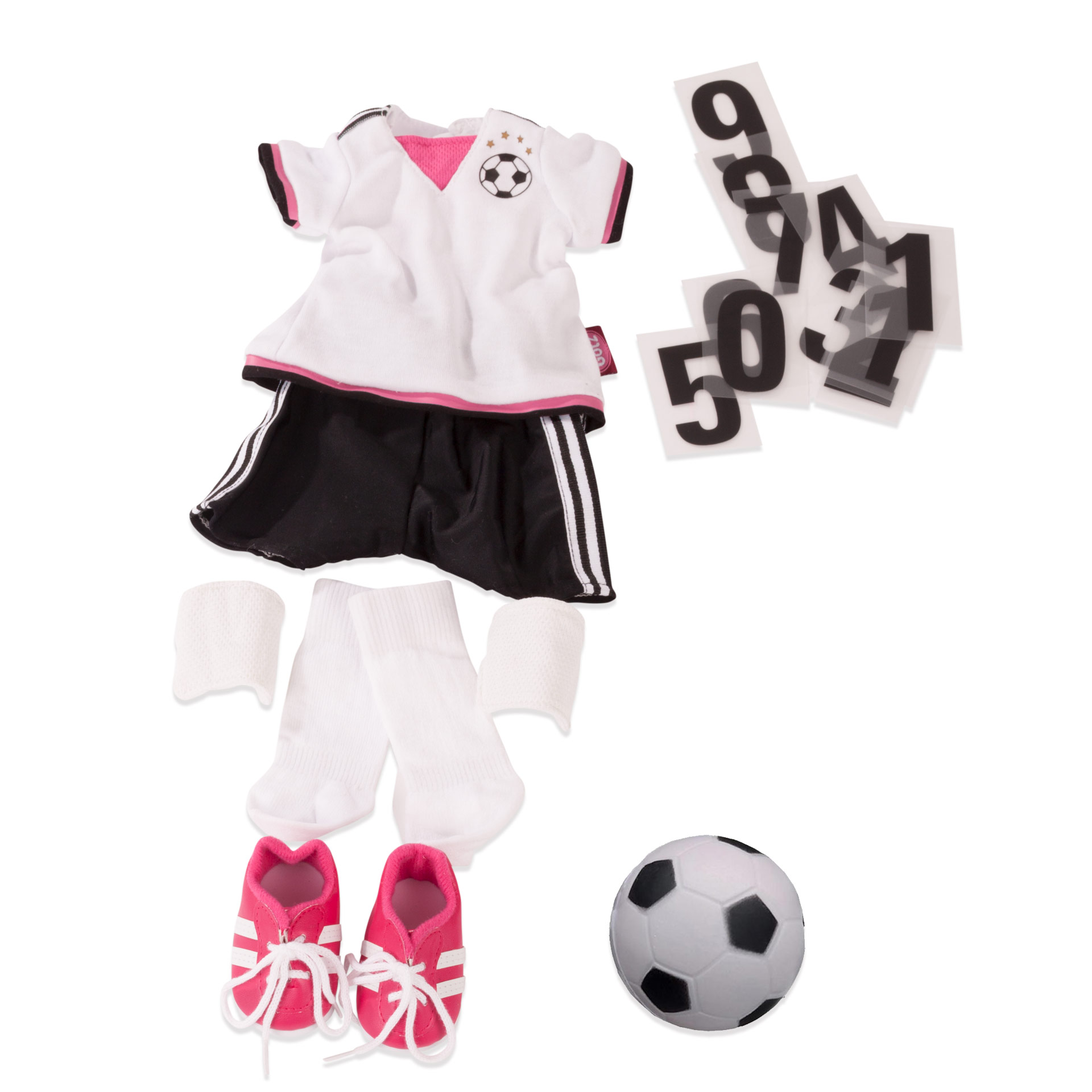 set-soccer-girl-bekleidung-shirt-shorts-fußballschuhe-schienbeinschoner-struempfe-fußball-goetz