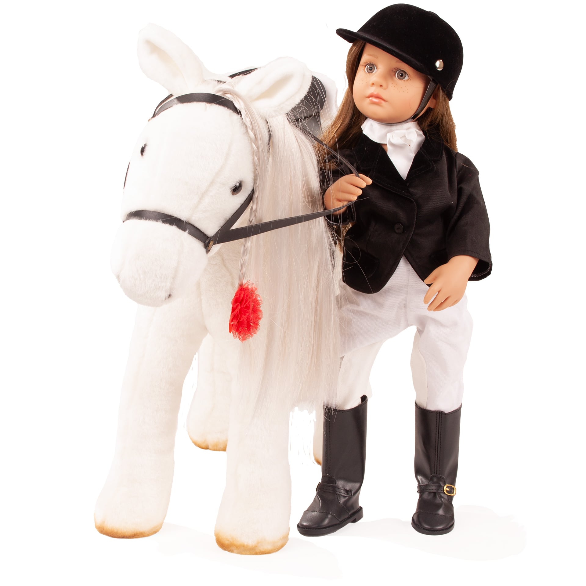 3403087-kaemmpferd-lipizzaner-mit-puppe-reiterin-stehend-emo kaemmpferd-lipizzaner-goetz-puppe-reiterin-emo-weiss-picknickdecke-turnierpferd