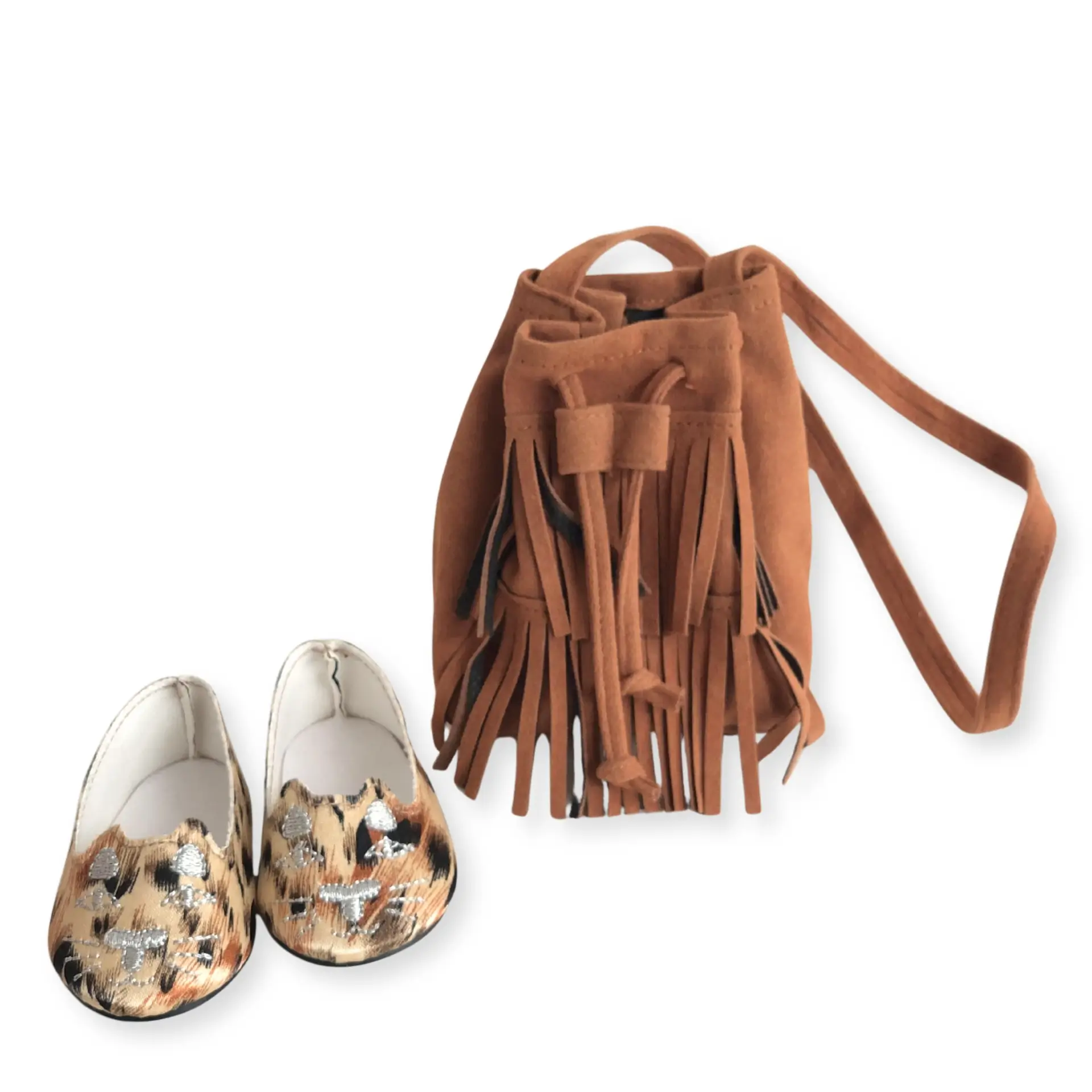 Set für Stehpuppen Gr. 45-50 cm und Babypuppen Gr. 42-46 cm, bestehend aus einer Umhängetasche mit Fransen mit Ballerinas mit bestickten Katzengesichtern im Leo-Look von Götz