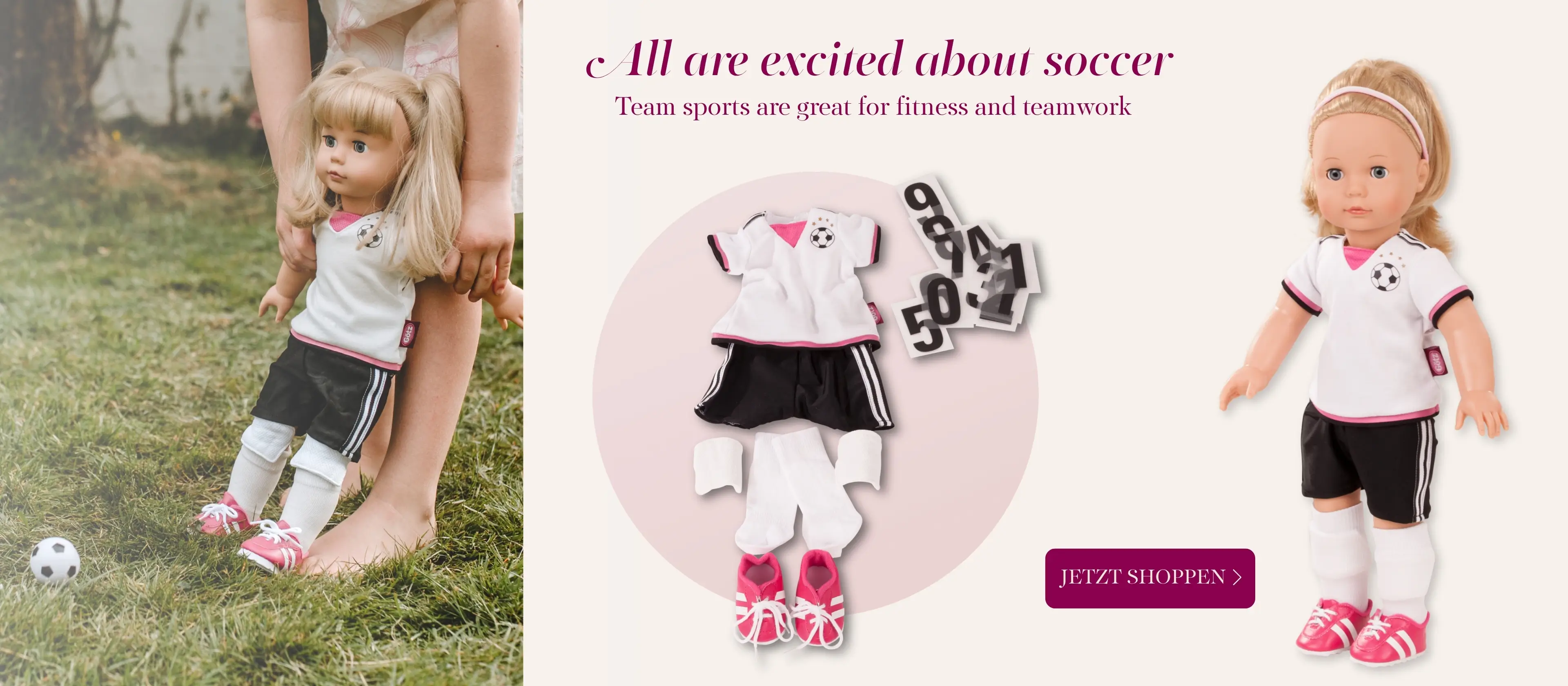 Bekleidungsset Soccer fuer Stehpuppen Gr. 45-50 cm in schwarz-weiss mit pinkfarbenen Fussballschuhen. Das Shirt kann mit den beiliegenden Zahlen individuell eine Zahl aufgebuegelt werden. Schienbeinschoner und ein Fussball sind auch dabei. Goetz